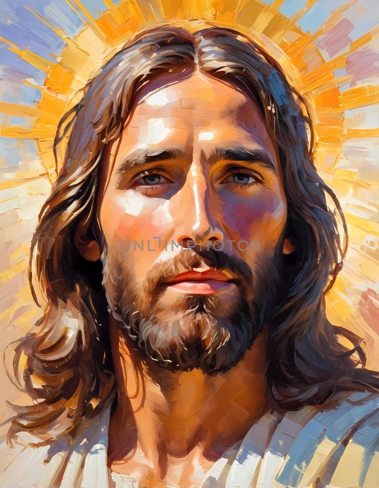 Close-Up Portrait of a Man Dressed as Jesus. White robe. Long brown hair and beard. Man appears to be in his early 30s, and he has a serious expression on his face. Christian religion and faith. AI.