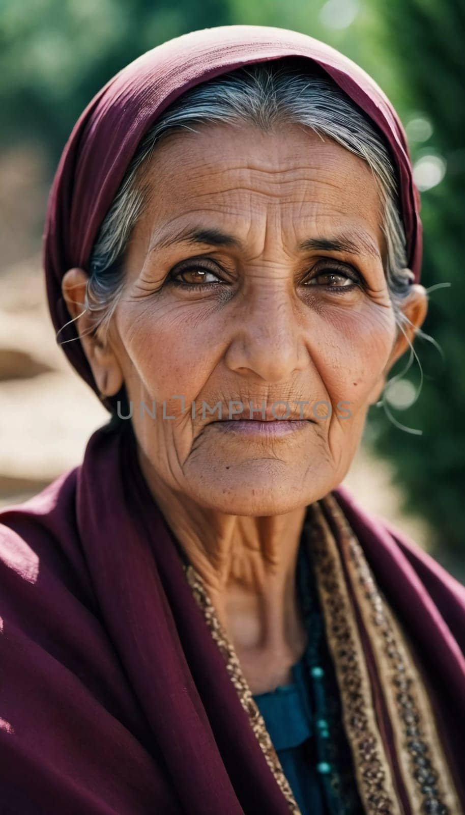 The elderly Afghanistan woman 75 years old gazes thoughtfully into the distance, her face marked by life experiences. She wears a traditional headscarf, set against a rustic background. Generative AI.