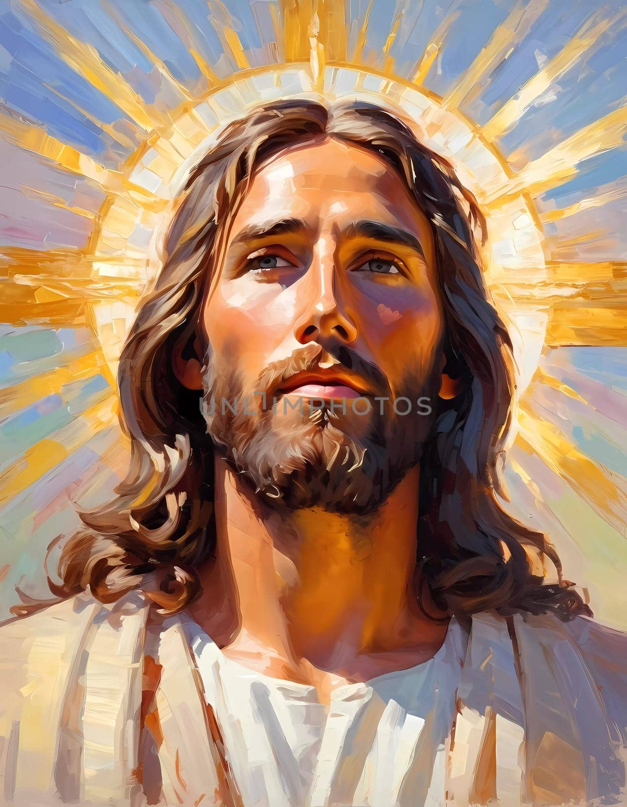 Close-Up Portrait of a Man Dressed as Jesus. White robe. Long brown hair and beard. Man appears to be in his early 30s, and he has a serious expression on his face. Christian religion and faith. AI.