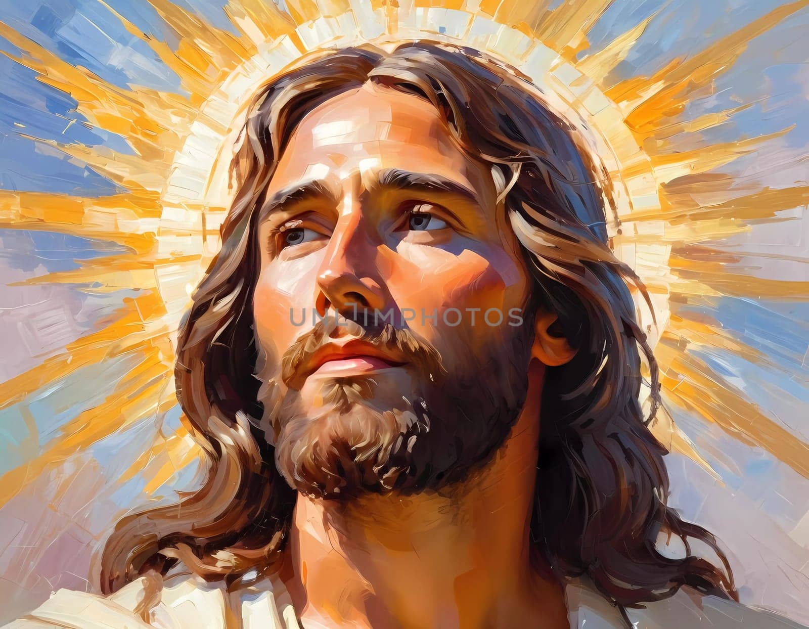 Close-Up Portrait of a Man Dressed as Jesus. White robe. Long brown hair and beard. Man appears to be in his early 30s, and he has a serious expression on his face. Christian religion and faith. AI.