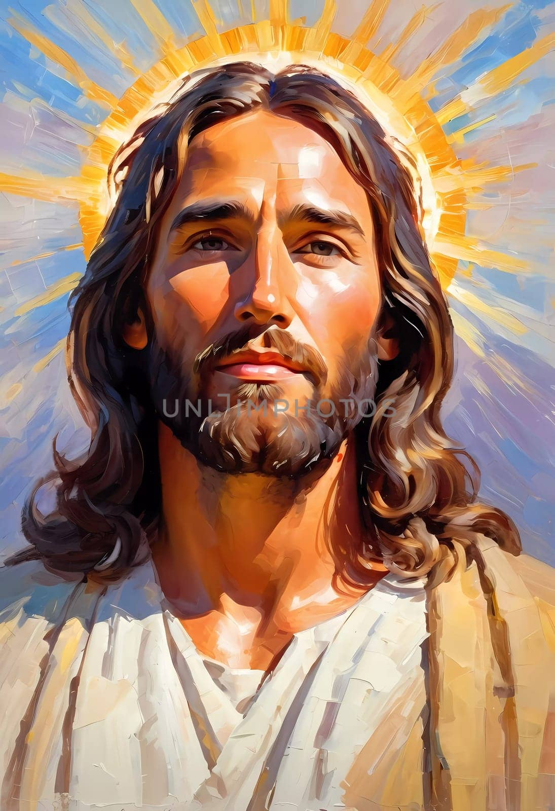 Close-Up Portrait of a Man Dressed as Jesus. White robe. Long brown hair and beard. Man appears to be in his early 30s, and he has a serious expression on his face. Christian religion and faith. AI.