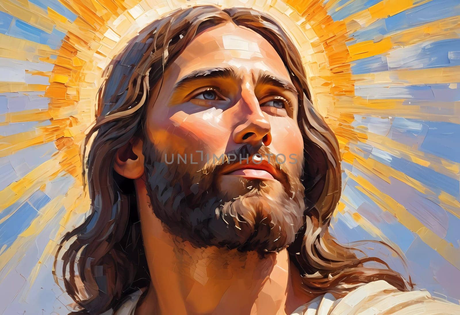 Close-Up Portrait of a Man Dressed as Jesus. White robe. Long brown hair and beard. Man appears to be in his early 30s, and he has a serious expression on his face. Christian religion and faith. AI.