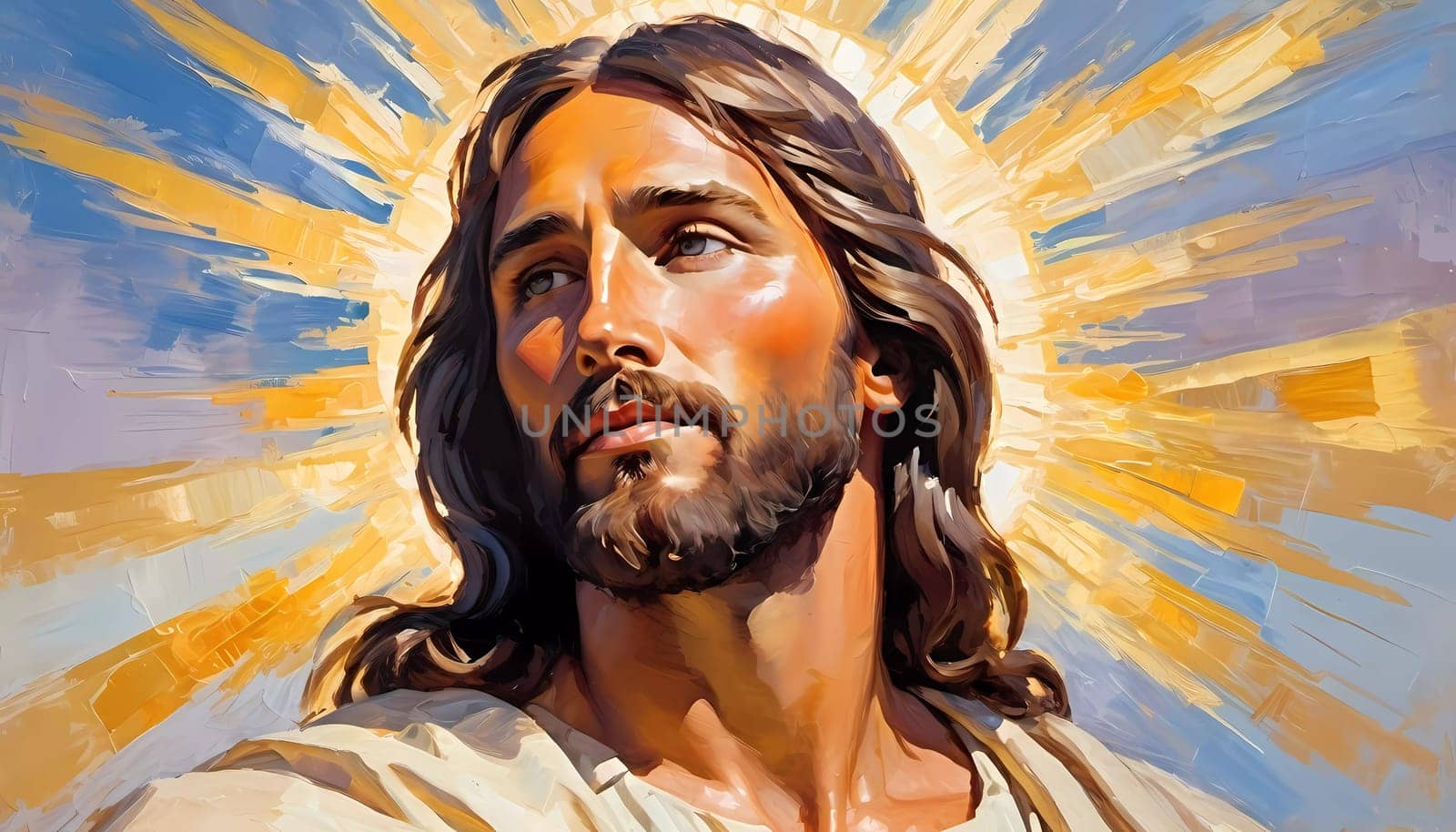 Close-Up Portrait of a Man Dressed as Jesus. White robe. Long brown hair and beard. Man appears to be in his early 30s, and he has a serious expression on his face. Christian religion and faith. AI.