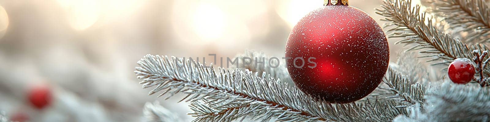 A clean and close-up advertising image showcasing a shiny red Christmas ornament hanging from a lush green pine branch, set against a pure white background. The minimalist design leaves one-third of the space open for text, making it ideal for holiday marketing, seasonal messages, or festive branding needs.