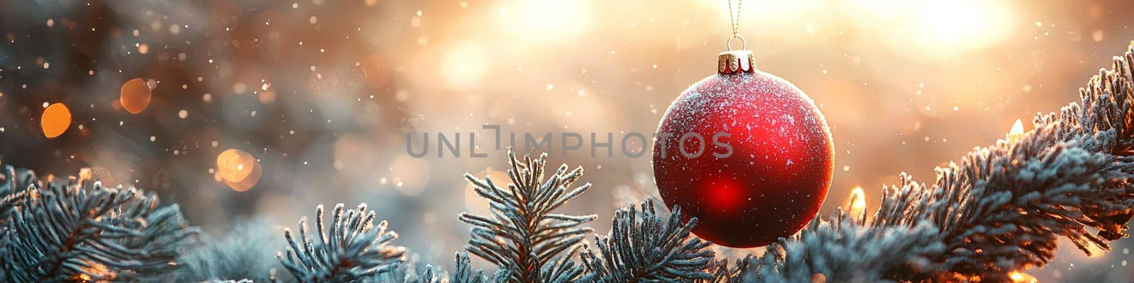 A clean and close-up advertising image showcasing a shiny red Christmas ornament hanging from a lush green pine branch, set against a pure white background. The minimalist design leaves one-third of the space open for text, making it ideal for holiday marketing, seasonal messages, or festive branding needs.