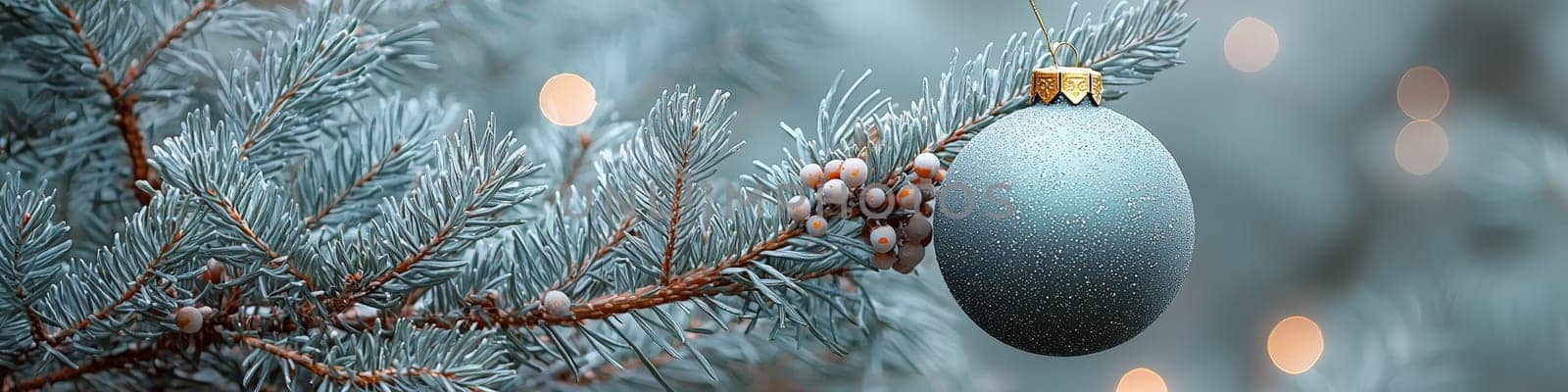 A refined advertising image featuring a dark green Christmas ornament hanging from a fluffy pine branch against a soft white background. The minimalist composition includes one-third open space for customizable text, perfect for festive branding or holiday greetings in a subdued, elegant style. Low lighting adds depth and richness to the ornament's color and texture.
