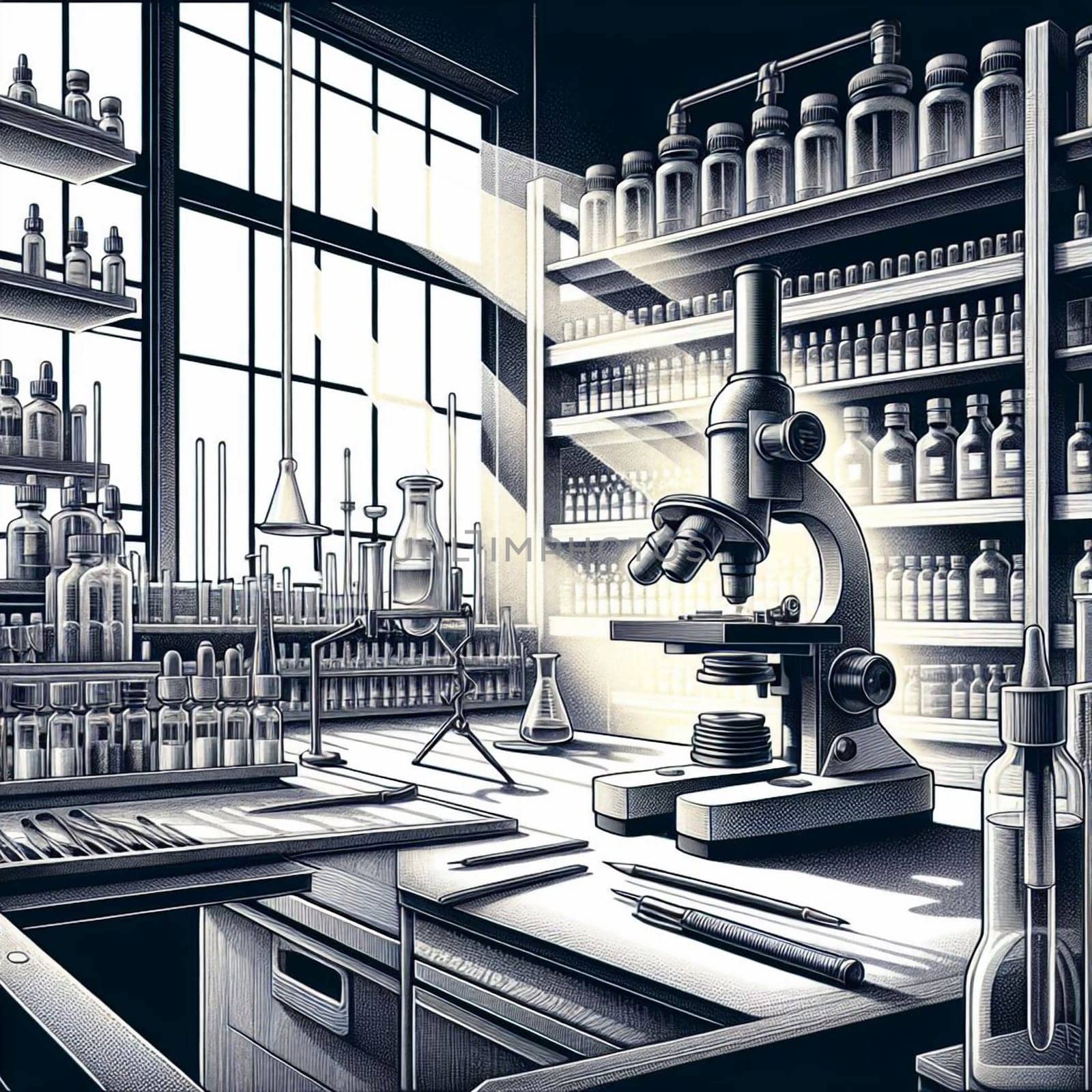 A black and white illustration of a scientific laboratory with a microscope, beakers, and other equipment. A high-quality photo.