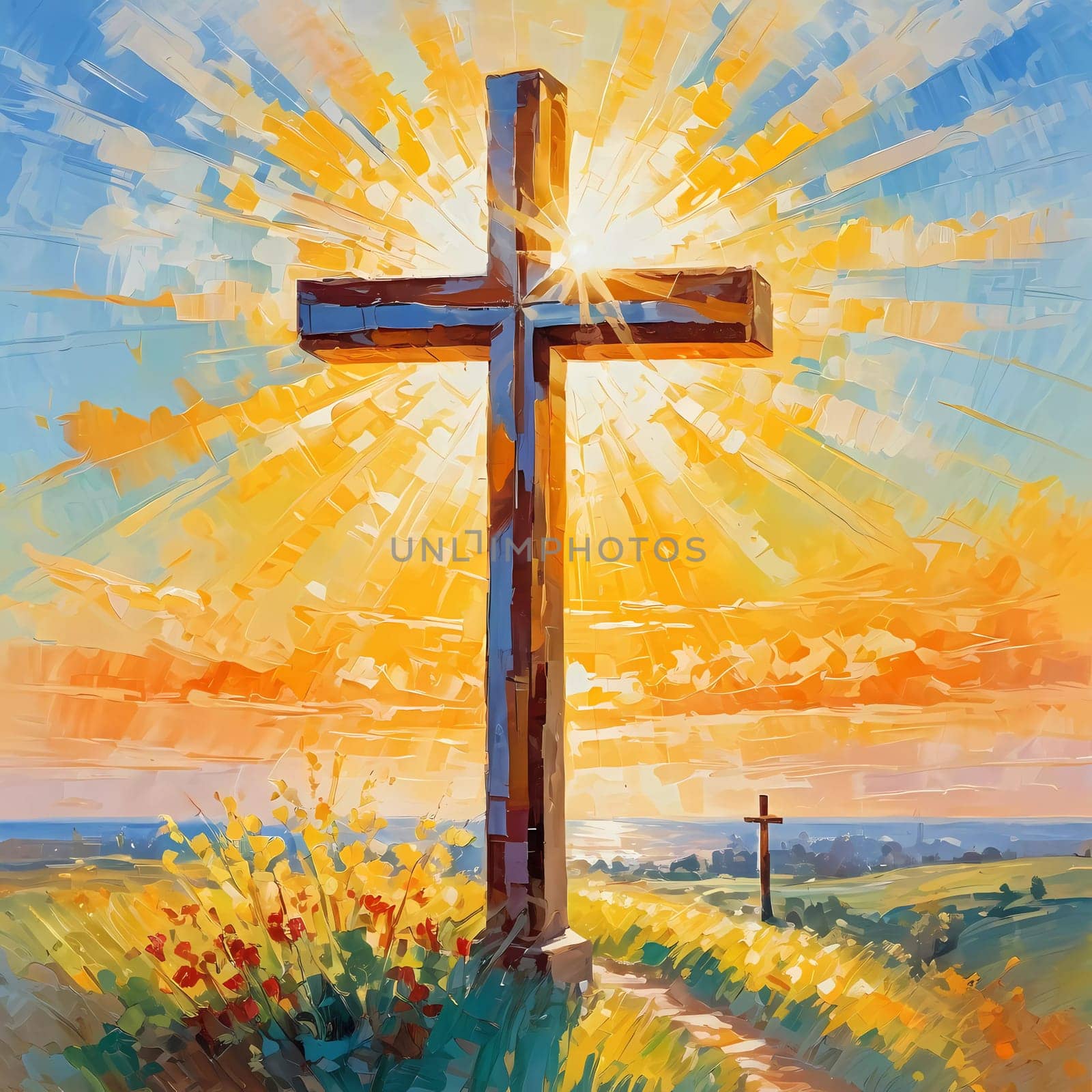 A stunning sunset illuminates a large wooden cross, radiating colorful rays of light. In the distance, a quaint chapel completes this serene rural landscape. A radiant sun shining through a cross. AI