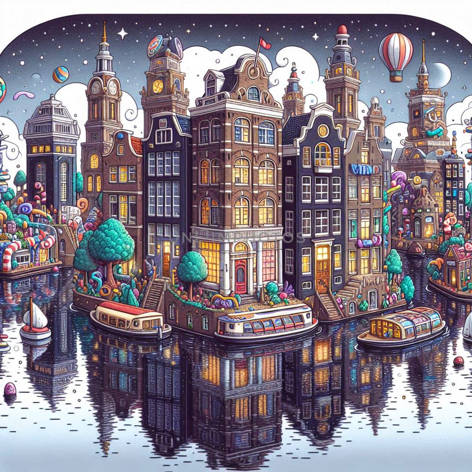 A whimsical illustration of a Dutch canal city with floating houses, hot air balloons, and other fantastical elements. A high-quality photo.