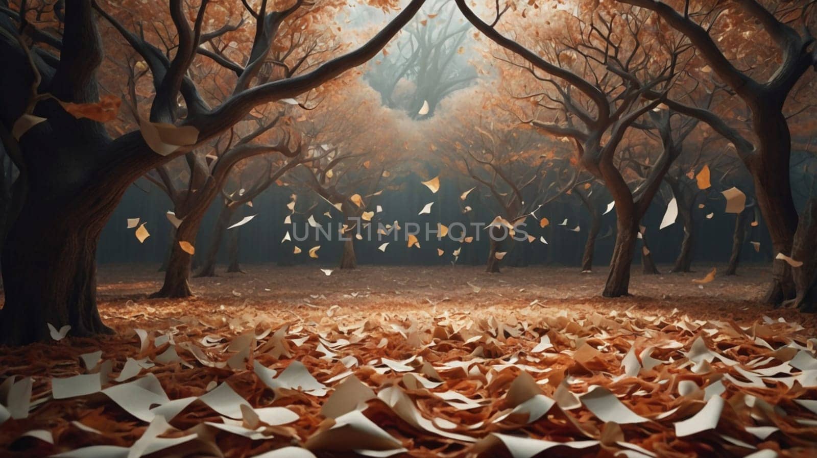 A mysterious forest with a path leading through it, with falling leaves creating a dreamy and atmospheric scene. A high-quality photo.