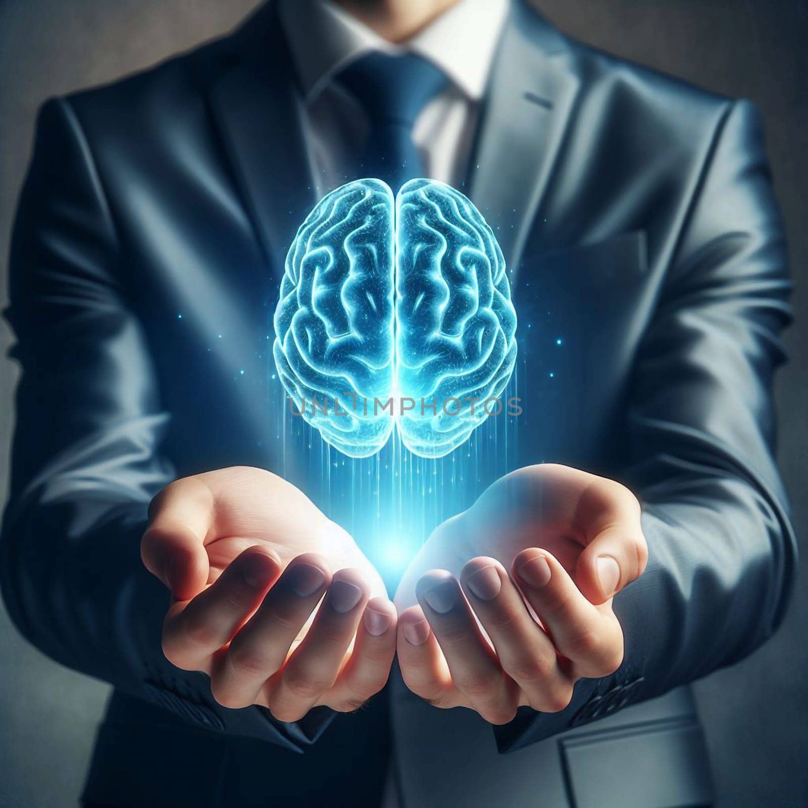 A businessman holding a glowing blue brain in his hands, representing the power and importance of the mind in business. A high-quality photo.