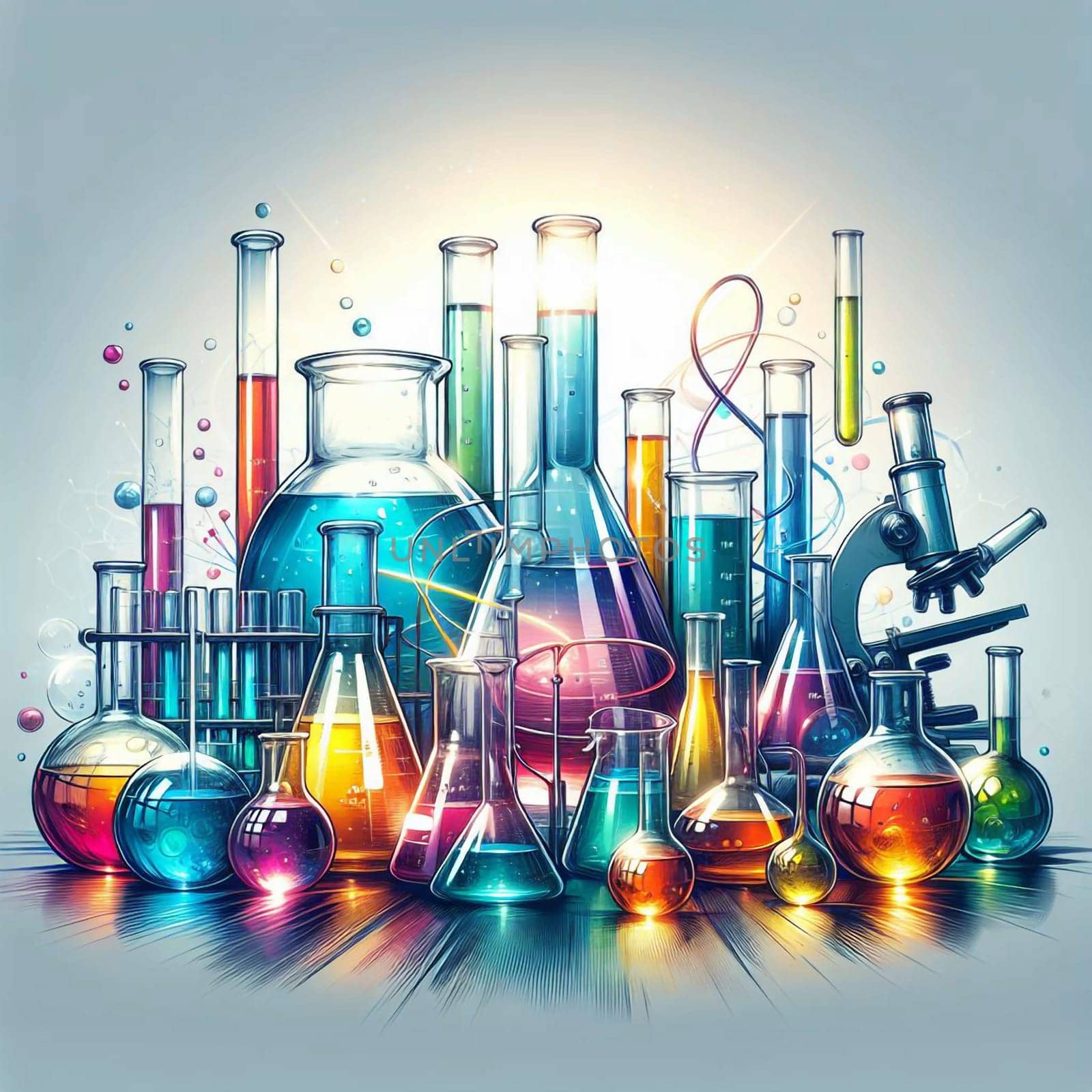 A collection of various glass laboratory equipment, including beakers, flasks, and test tubes filled with colorful liquids, representing scientific experimentation. A high-quality photo.