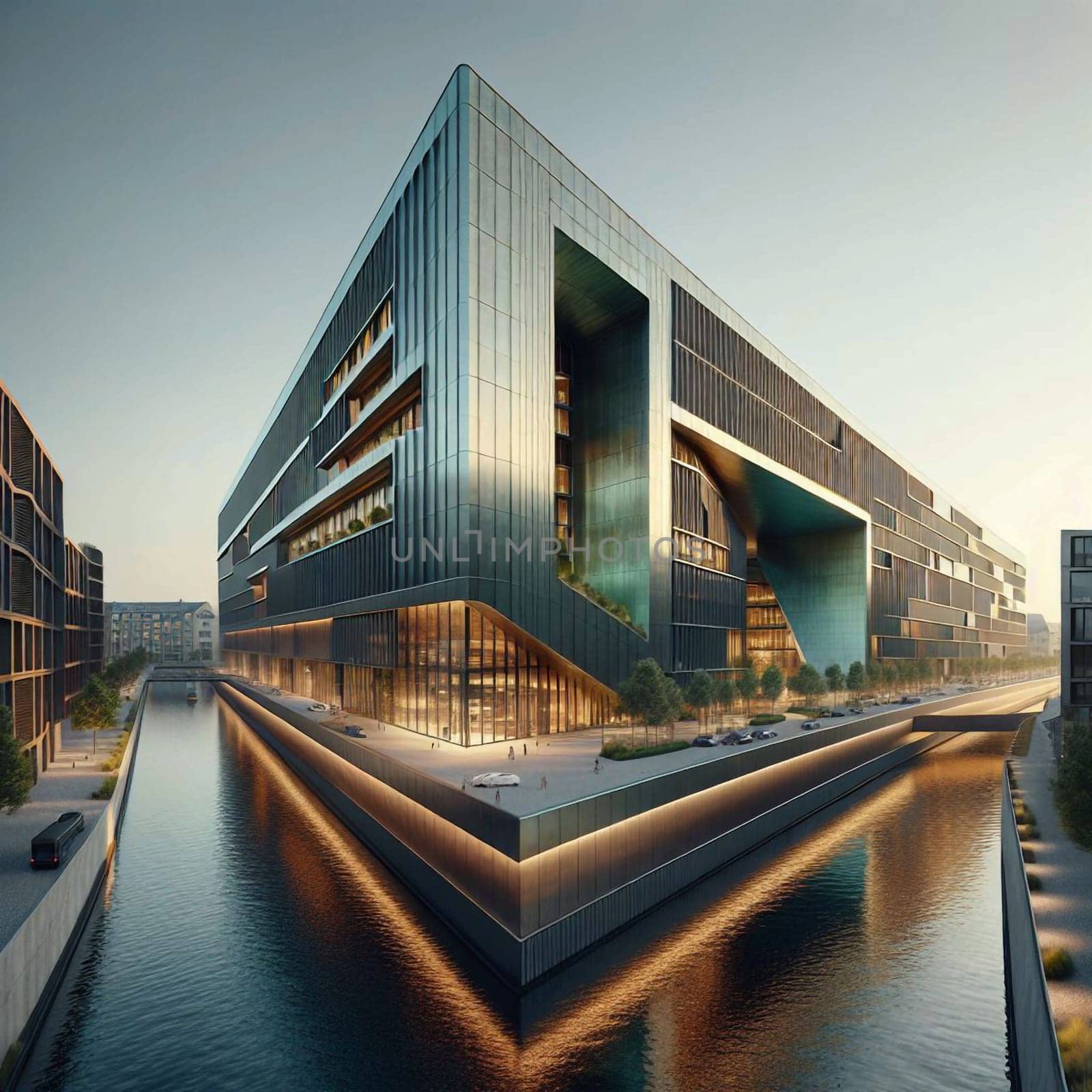 A modern, dark glass building with a unique architectural design, surrounded by water. A high-quality photo.
