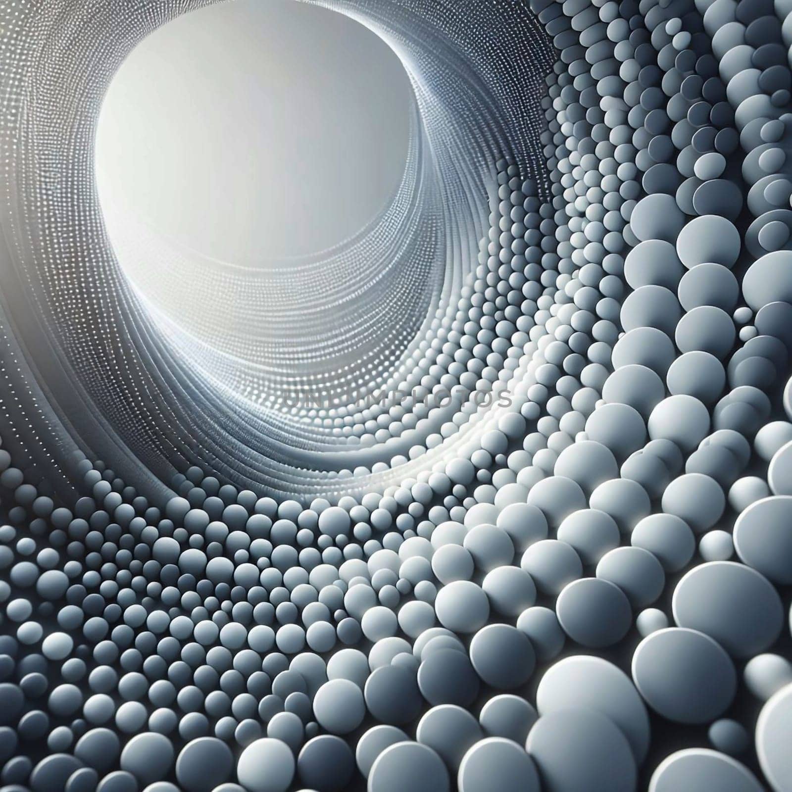 A 3D rendering of a tunnel made of a swirling pattern of small, white spheres, creating a futuristic and abstract design. A high-quality photo.
