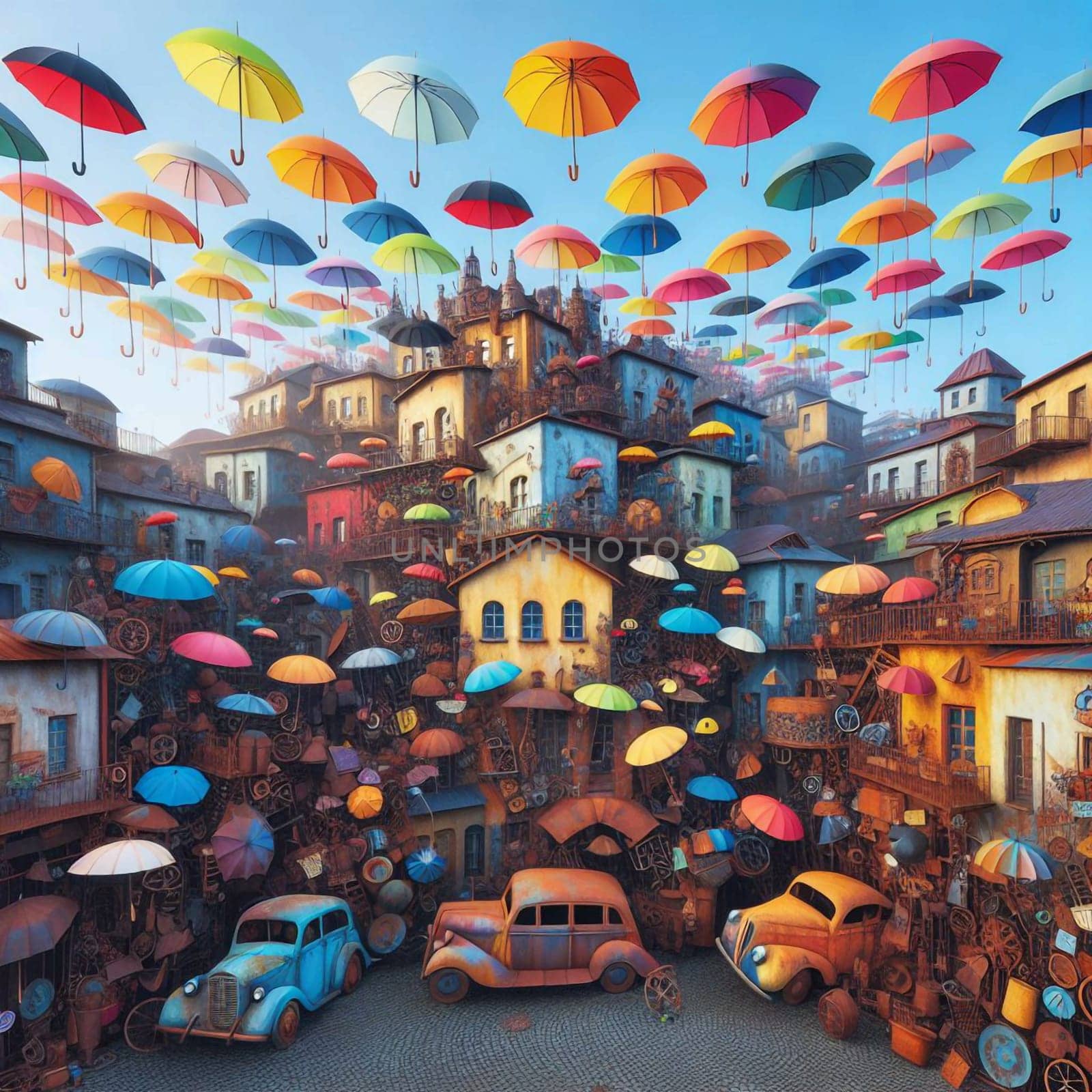 A surreal cityscape with colorful umbrellas floating in the air, and rusty cars on a cobblestone street, creating a whimsical and imaginative scene. A high-quality photo.