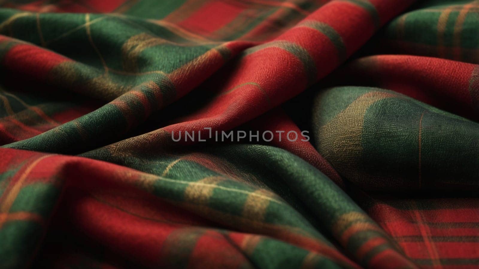 Close-up of a green and red plaid fabric, folded and textured, creating a warm and inviting feeling. A high-quality photo.