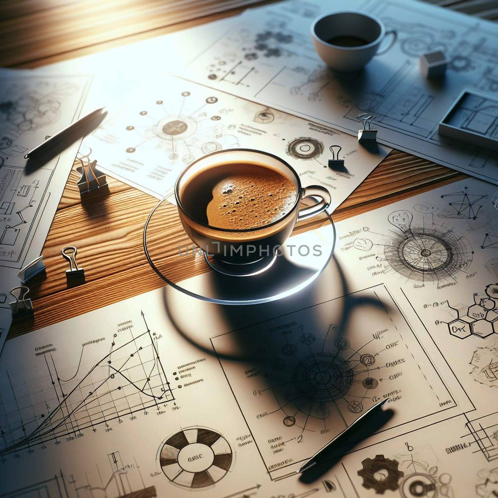 A cup of coffee on a wooden table, surrounded by handwritten sketches and diagrams. A high-quality photo.