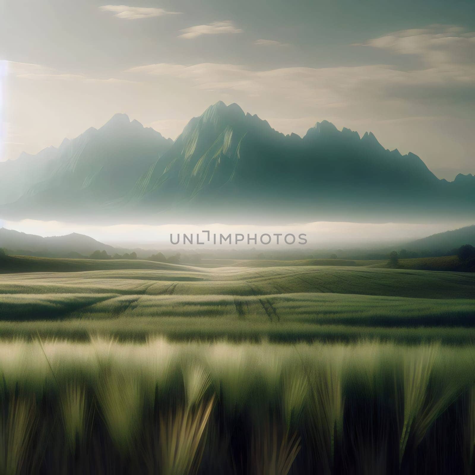 A landscape with a large mountain range in the distance, covered in fog and mist, creating a sense of mystery and wonder. A high-quality photo.