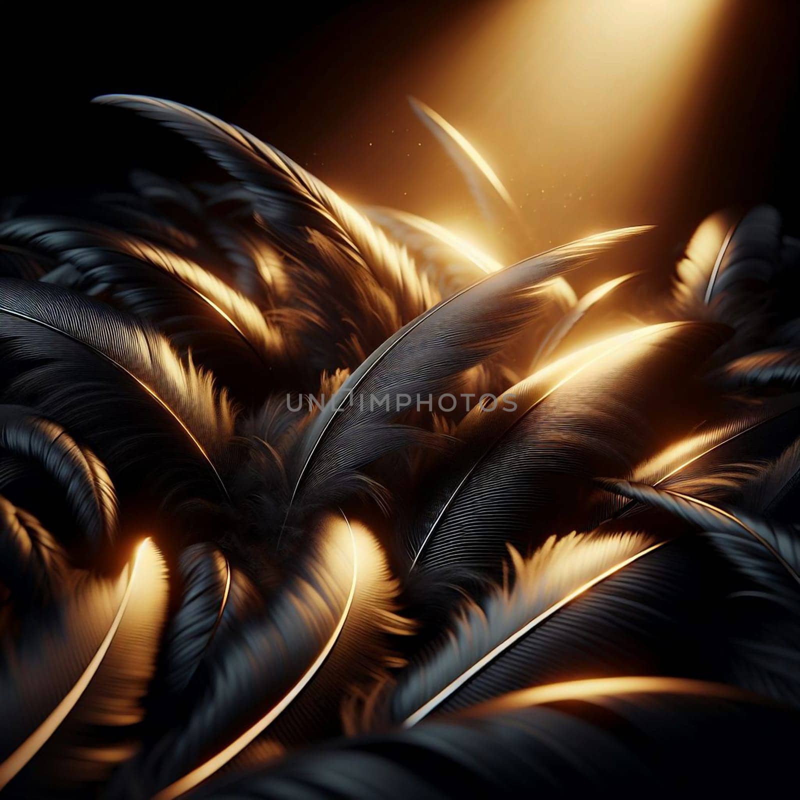 A close-up image of black feathers with a golden light shining through them, creating a luxurious and elegant atmosphere. A high-quality photo.