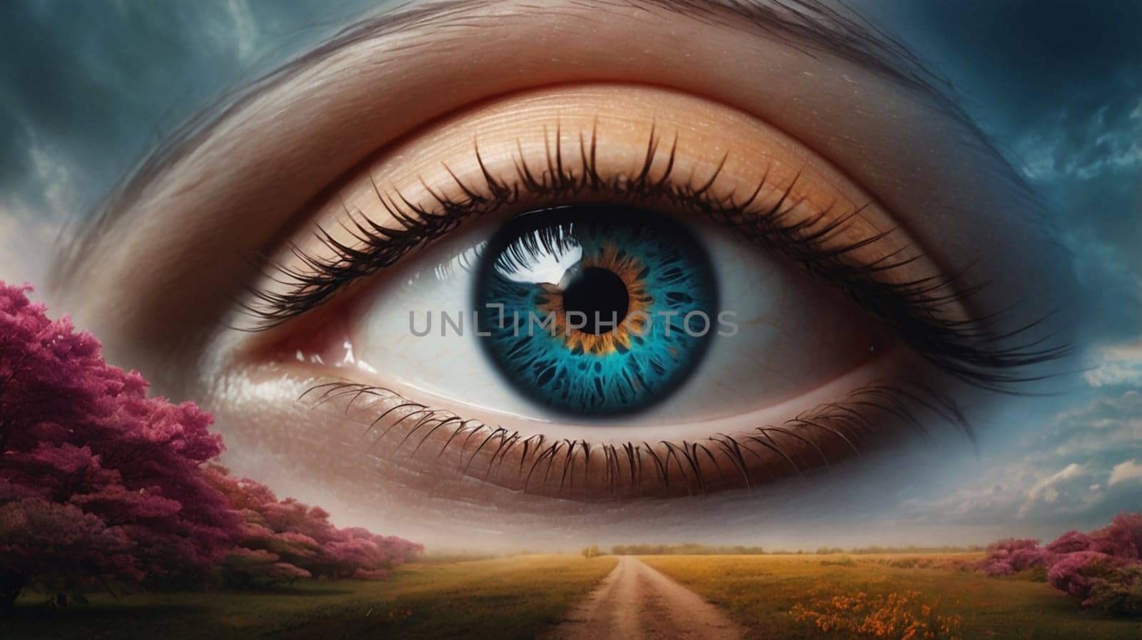 A close-up of a human eye, with a path leading through a field and trees reflected in the iris. A high-quality photo.