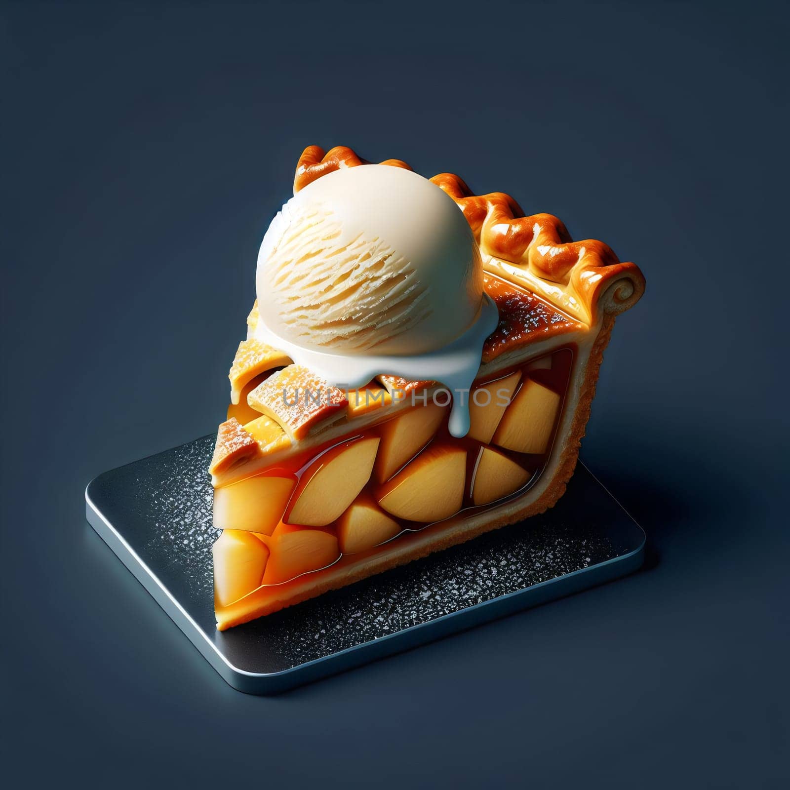 A slice of apple pie with a scoop of vanilla ice cream on top, with a drizzle of caramel and powdered sugar, creating a delicious and tempting dessert. A high-quality photo.