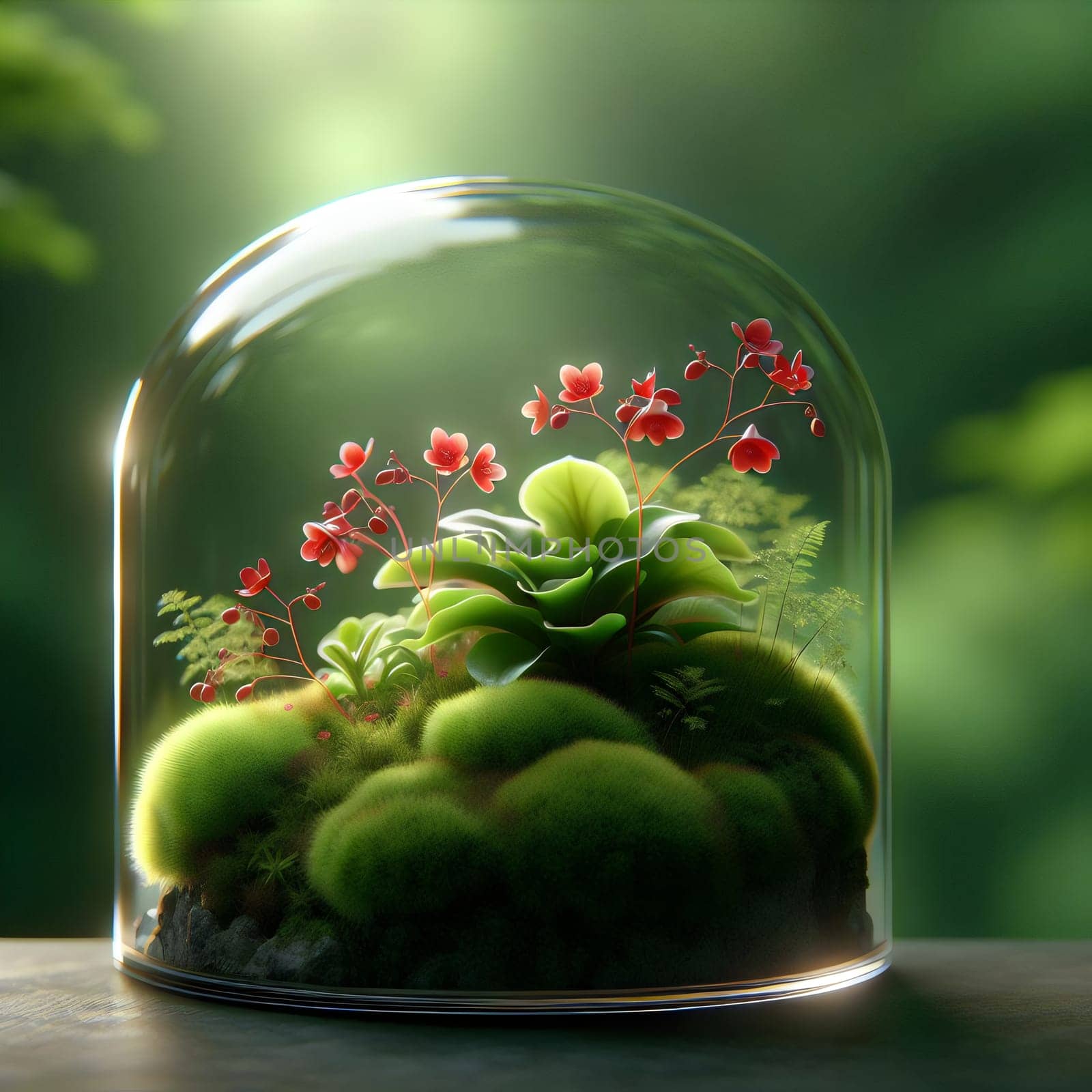 A small, enclosed glass terrarium with moss, rocks, and a miniature plant, creating a miniature ecosystem. A high-quality photo.