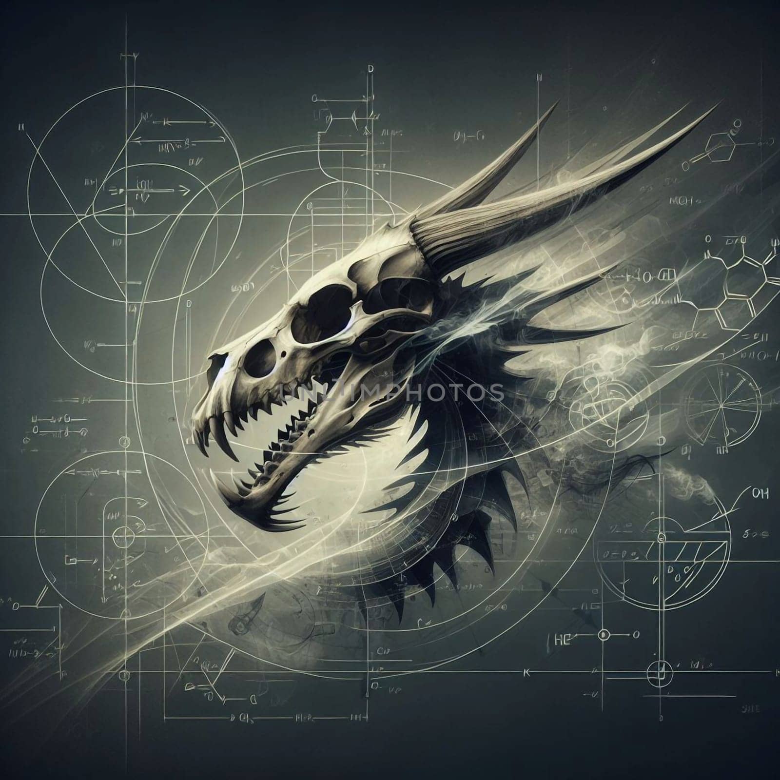 A dragon skull surrounded by mathematical formulas and geometric shapes, creating a surreal and mystical atmosphere. A high-quality photo.