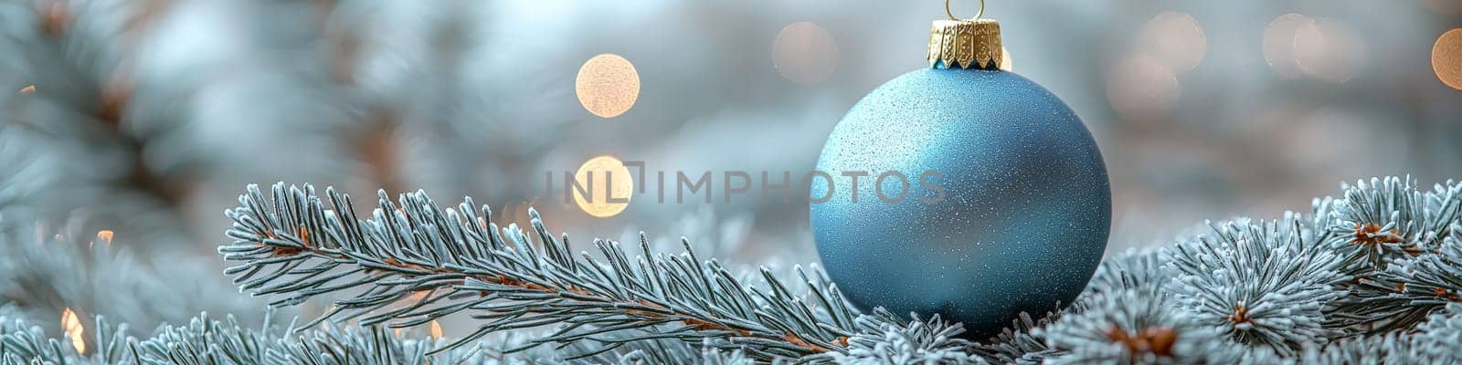 A sophisticated advertising photo of a dark blue Christmas ornament hanging from a plush pine branch, with a clean white background. The image features ample space on one-third for customizable text, ideal for seasonal marketing. Low lighting enhances the richness of the dark blue color, adding depth and elegance to the composition.