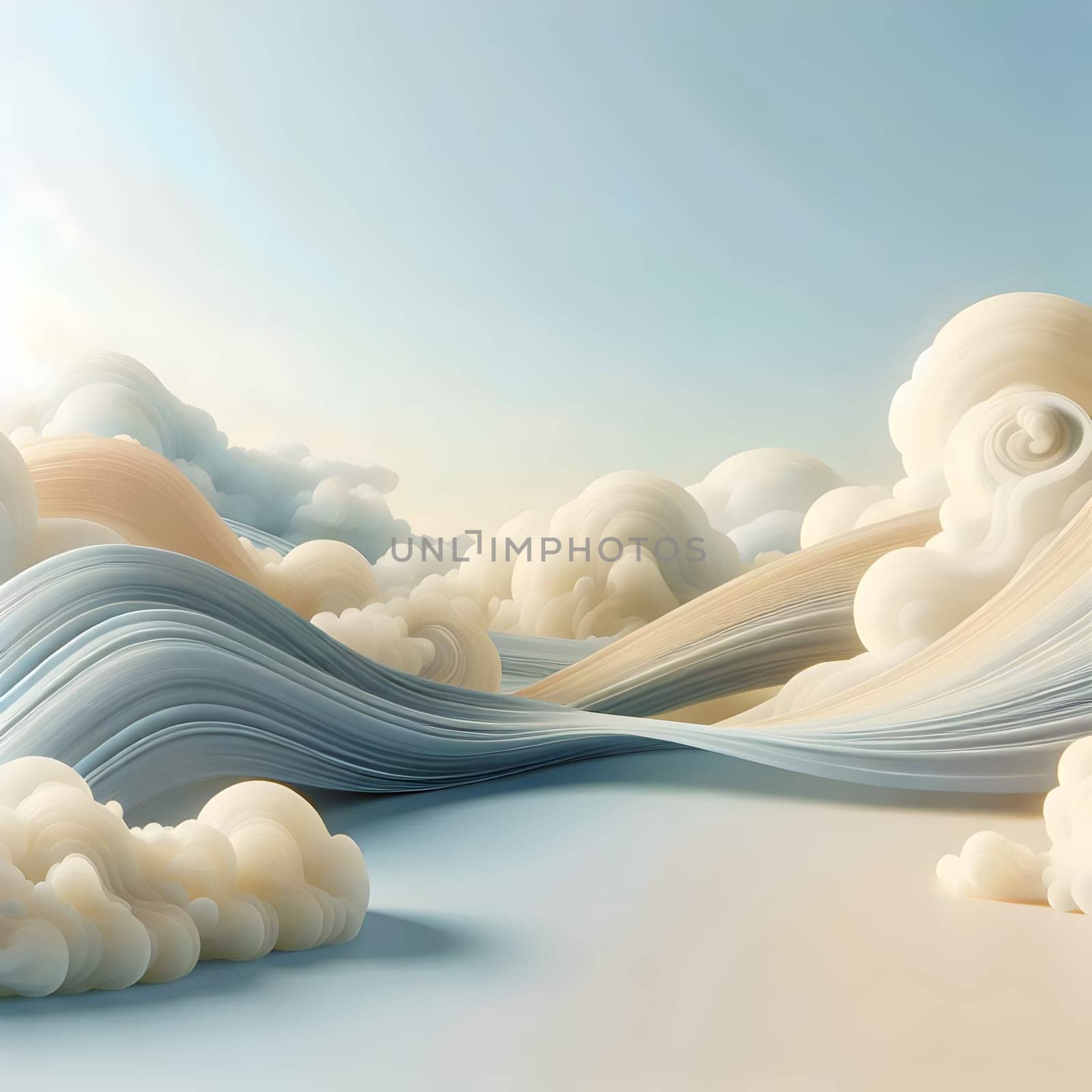 A 3D rendering of a landscape of soft, flowing clouds in a pastel blue sky. A high-quality photo.