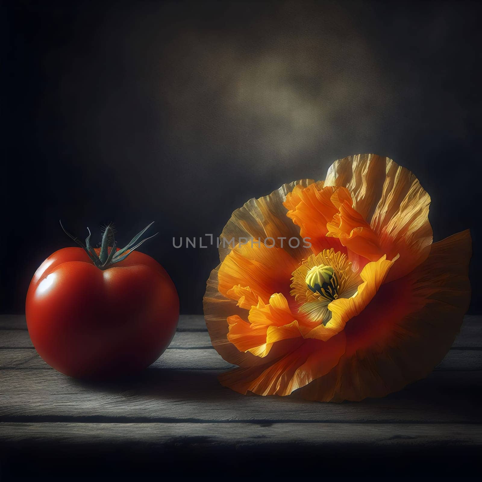 A still life painting of a red tomato and an orange poppy flower on a wooden table, creating a simple and natural composition. A high-quality photo.