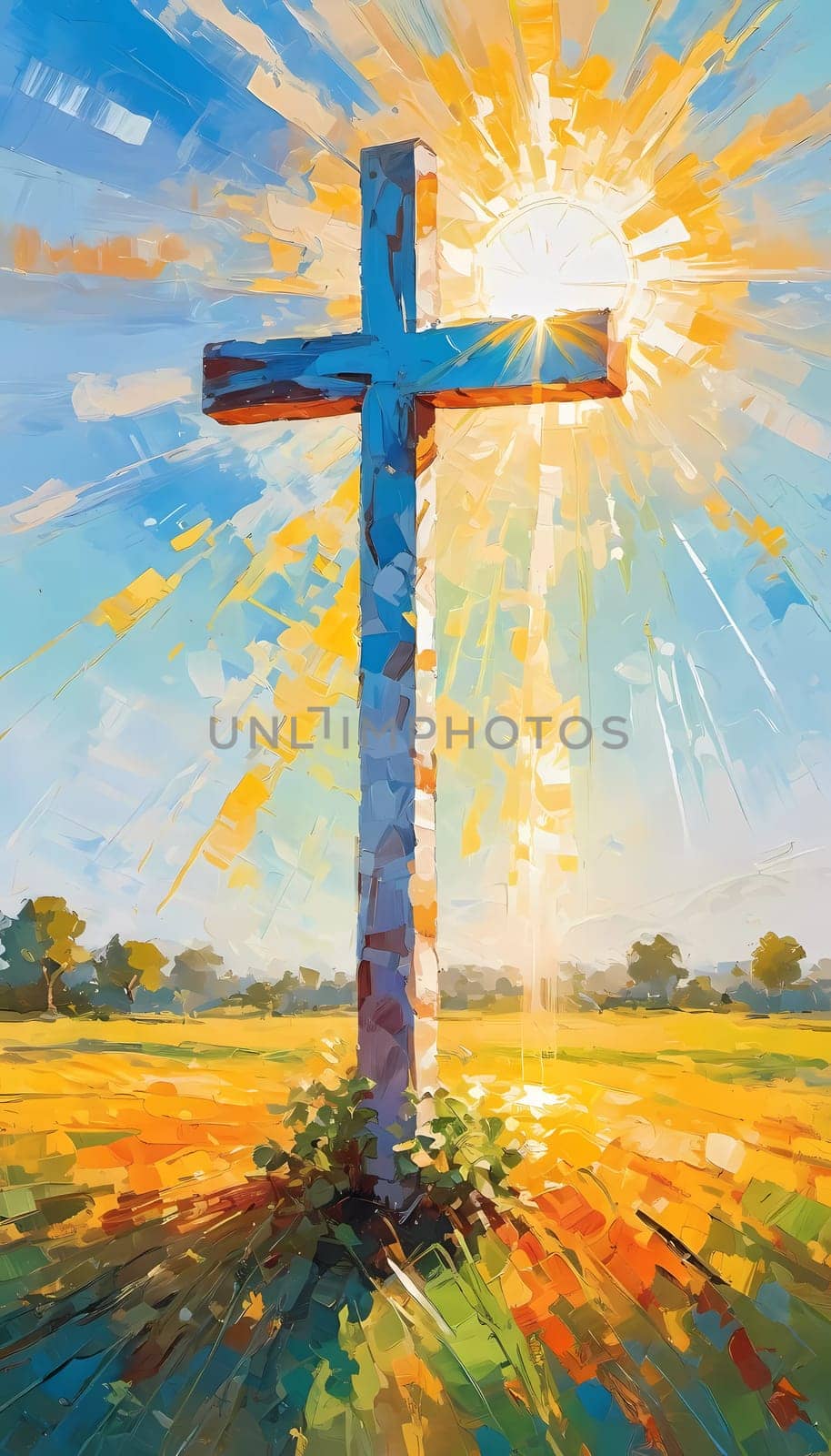 A stunning sunset illuminates a large wooden cross, radiating colorful rays of light. In the distance, a quaint chapel completes this serene rural landscape. A radiant sun shining through a cross. AI