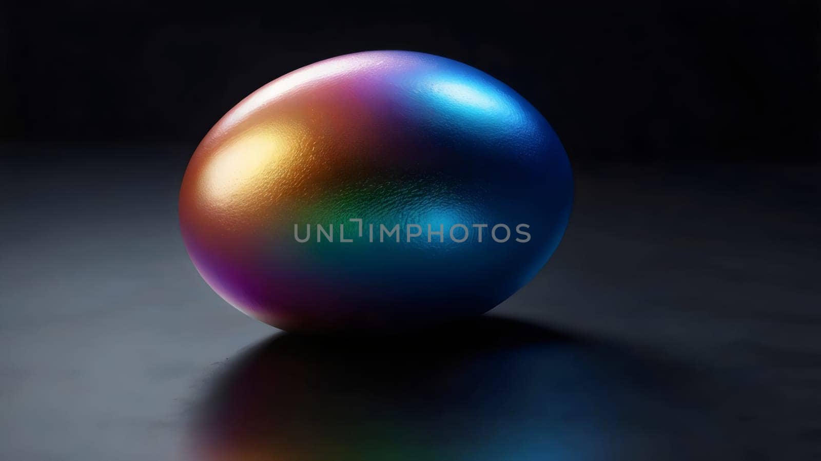 A golden egg with an iridescent surface, standing on a dark background with a soft, glowing light. A high-quality photo.
