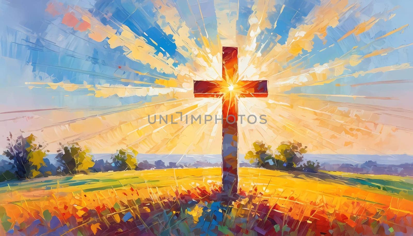 A stunning sunset illuminates a large wooden cross, radiating colorful rays of light. In the distance, a quaint chapel completes this serene rural landscape. A radiant sun shining through a cross. AI