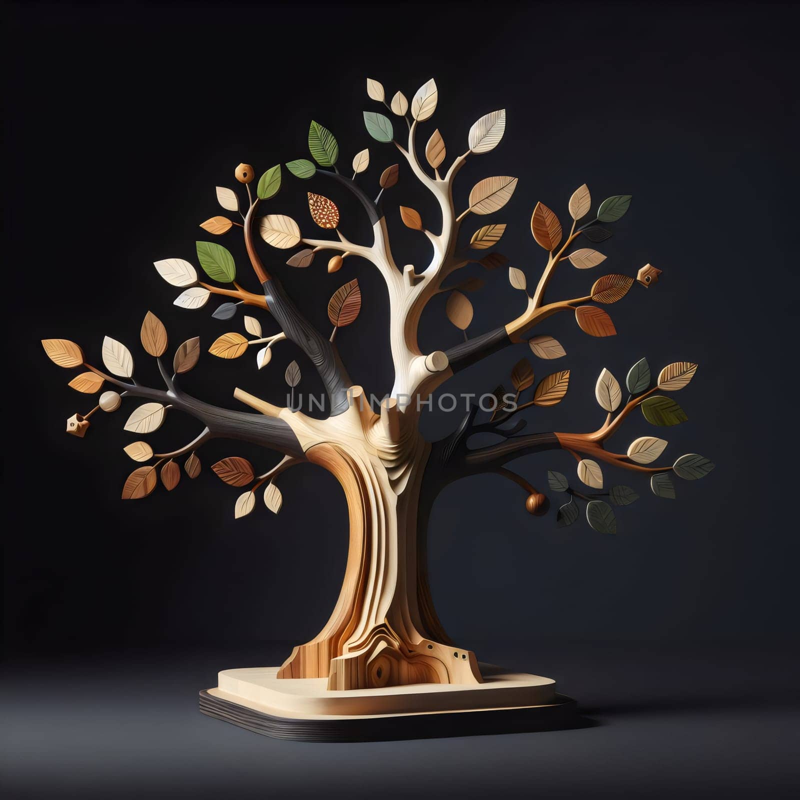 A wooden sculpture of a tree with intricate details and various shades of wood, representing the beauty and complexity of nature. A high-quality photo.