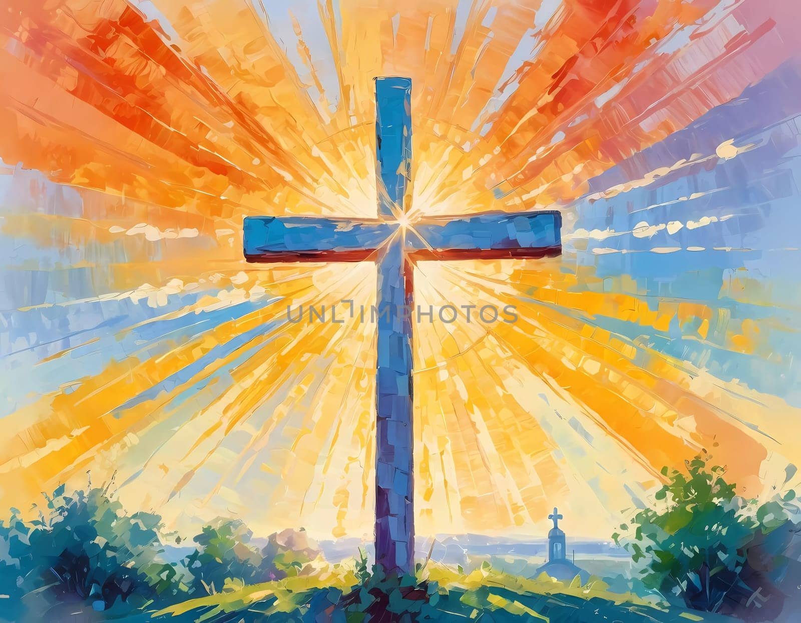 A stunning sunset illuminates a large wooden cross, radiating colorful rays of light. In the distance, a quaint chapel completes this serene rural landscape. A radiant sun shining through a cross. AI