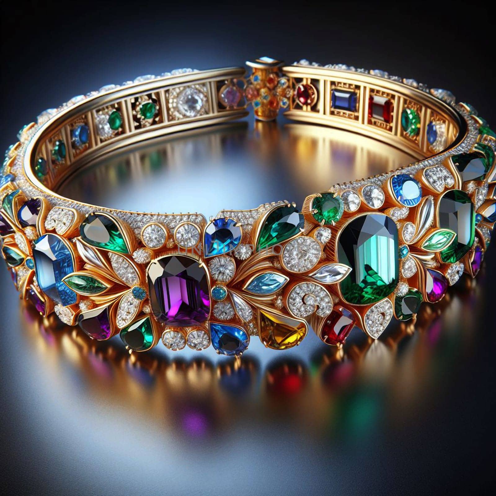 A close-up of a gold bracelet with various colored gemstones, creating a luxurious and elegant design. A high-quality photo.