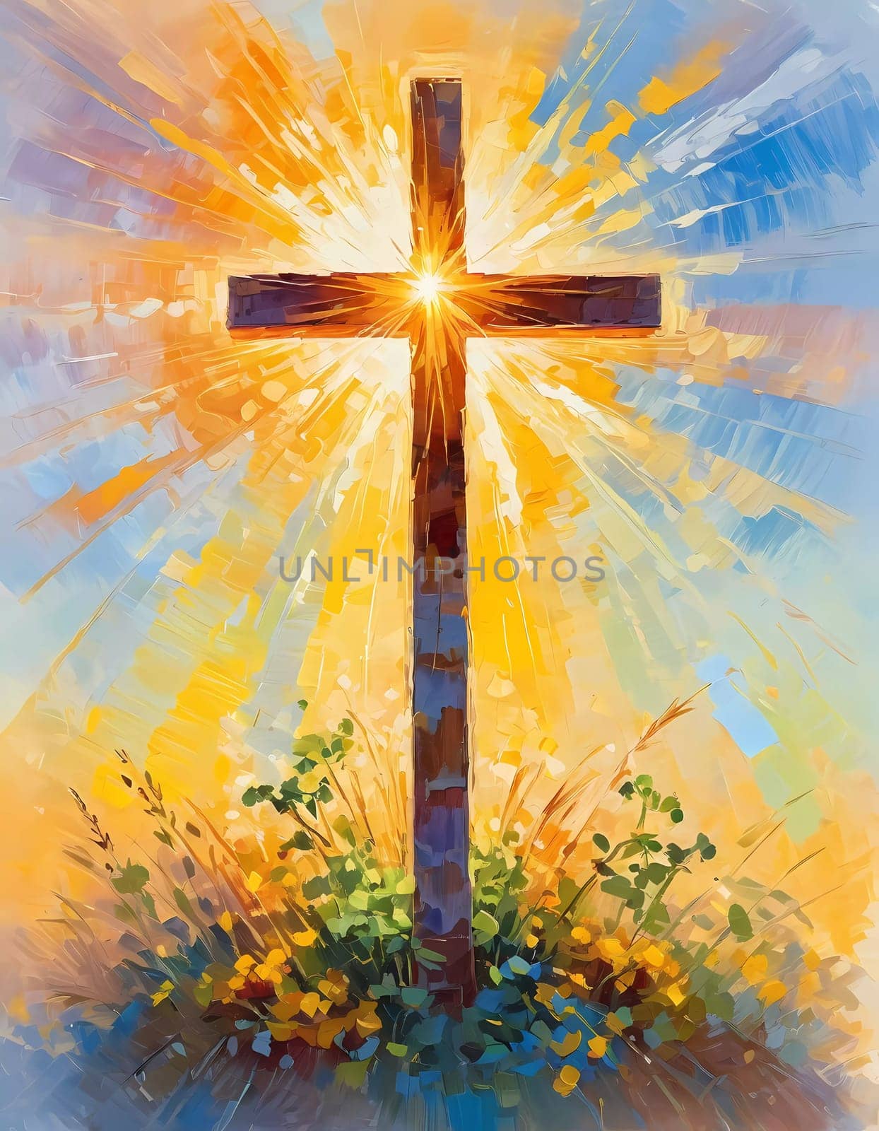A stunning sunset illuminates a large wooden cross, radiating colorful rays of light. In the distance, a quaint chapel completes this serene rural landscape. A radiant sun shining through a cross. AI