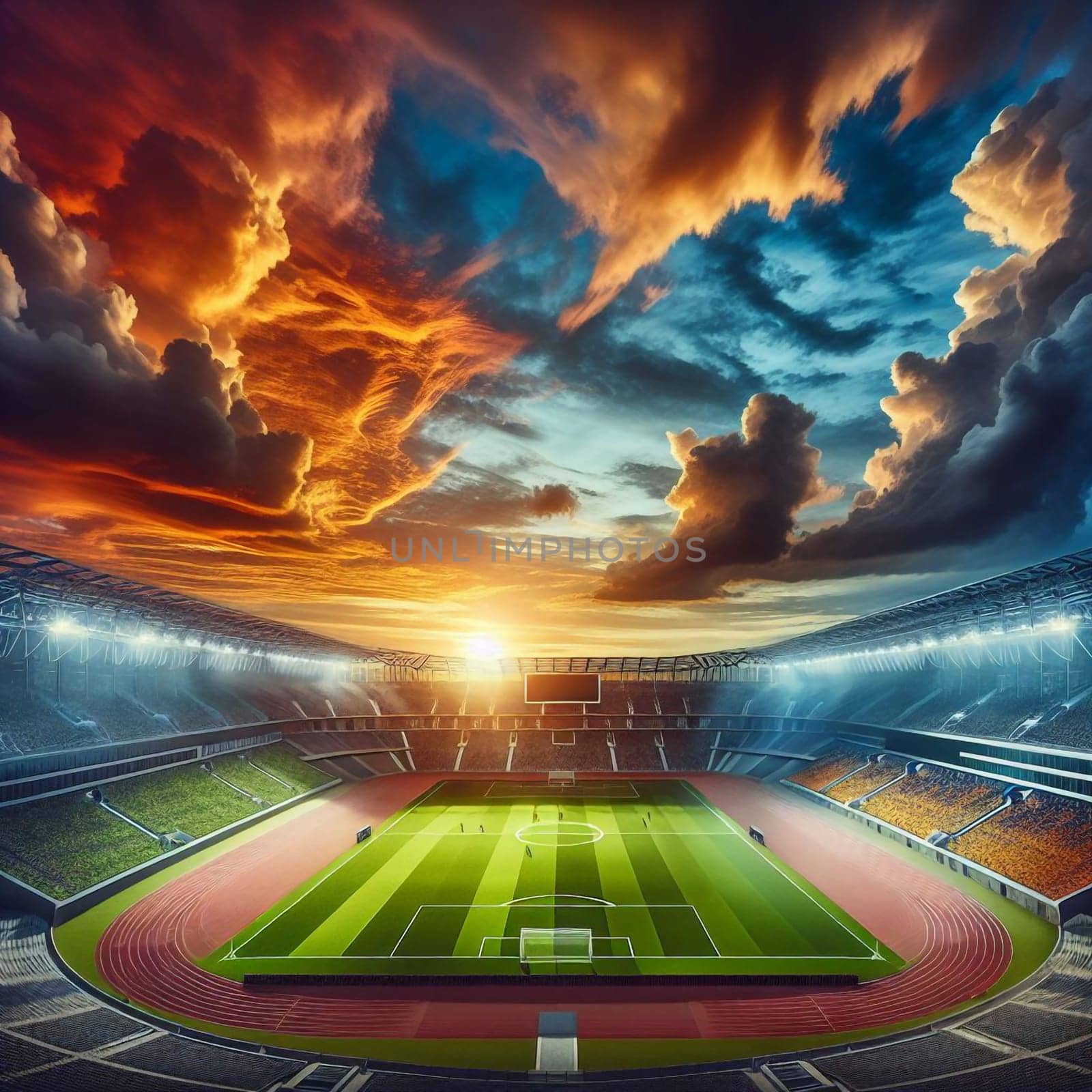 A panoramic view of a football stadium at sunset, showcasing the excitement and passion of a sports event. A high-quality photo.