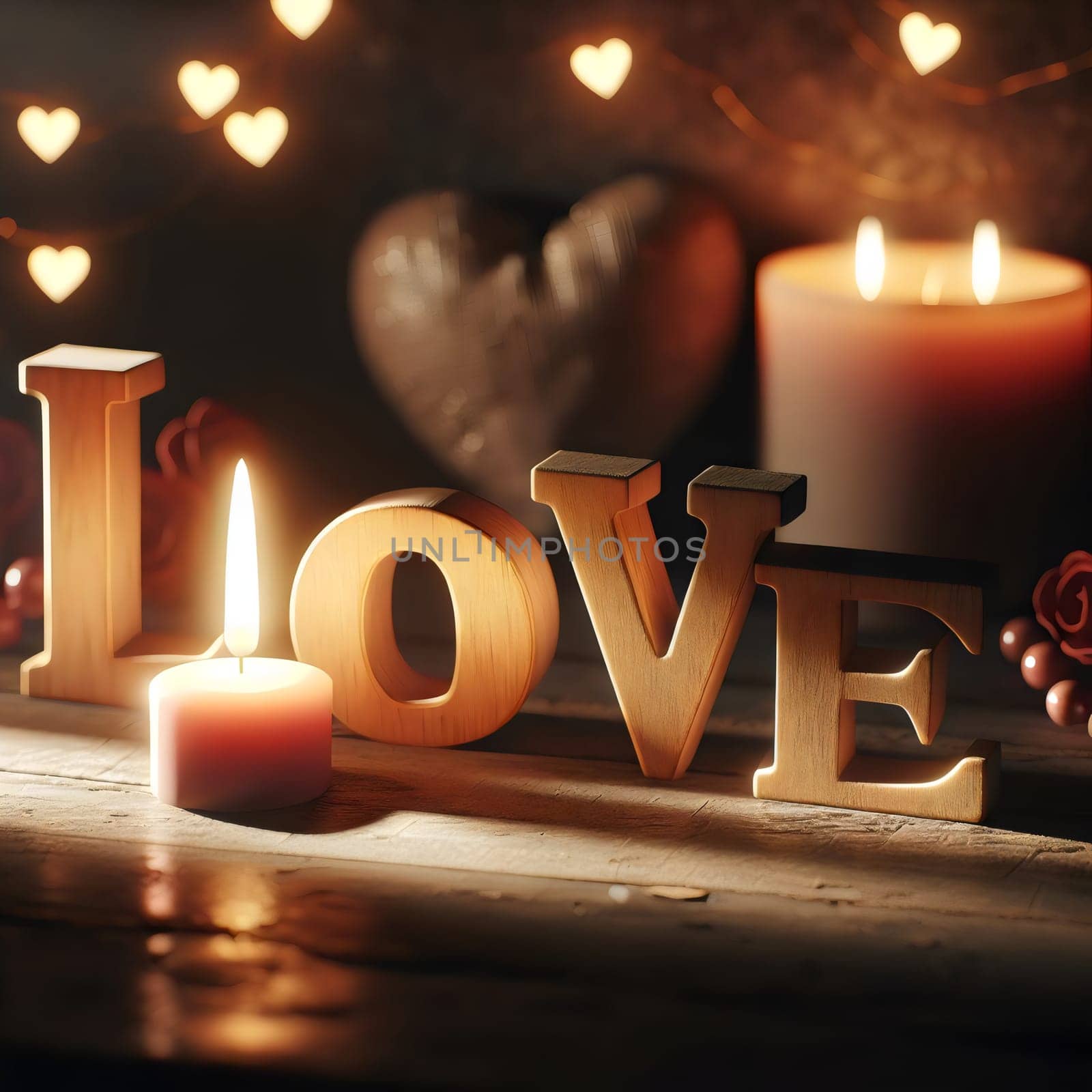 A romantic scene with a burning candle, wooden letters spelling "love,"" and a heart-shaped ornament, creating a cozy and intimate atmosphere. A high-quality photo."