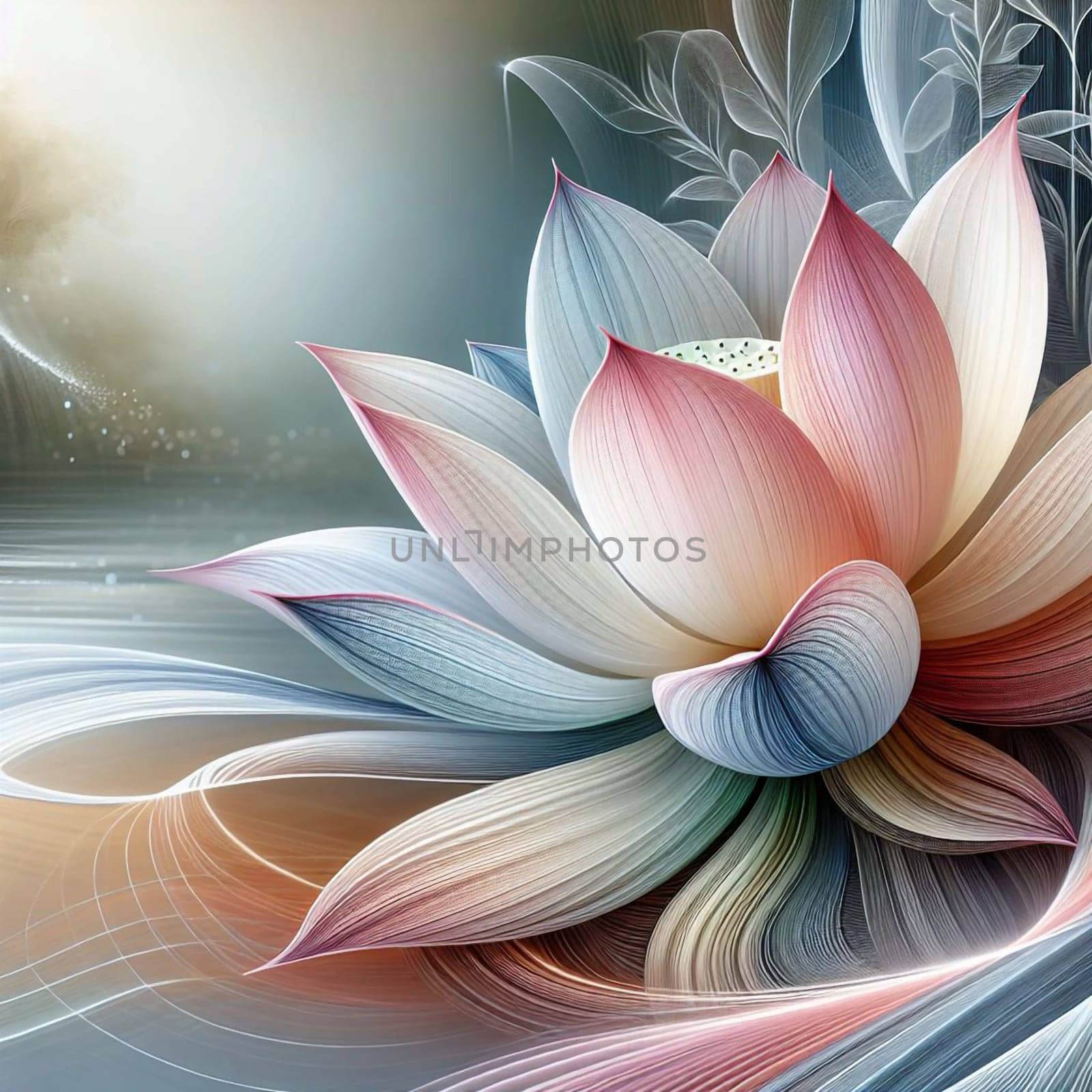An abstract, colorful, and delicate rendering of a lotus flower, representing beauty, purity, and spiritual growth. A high-quality photo.