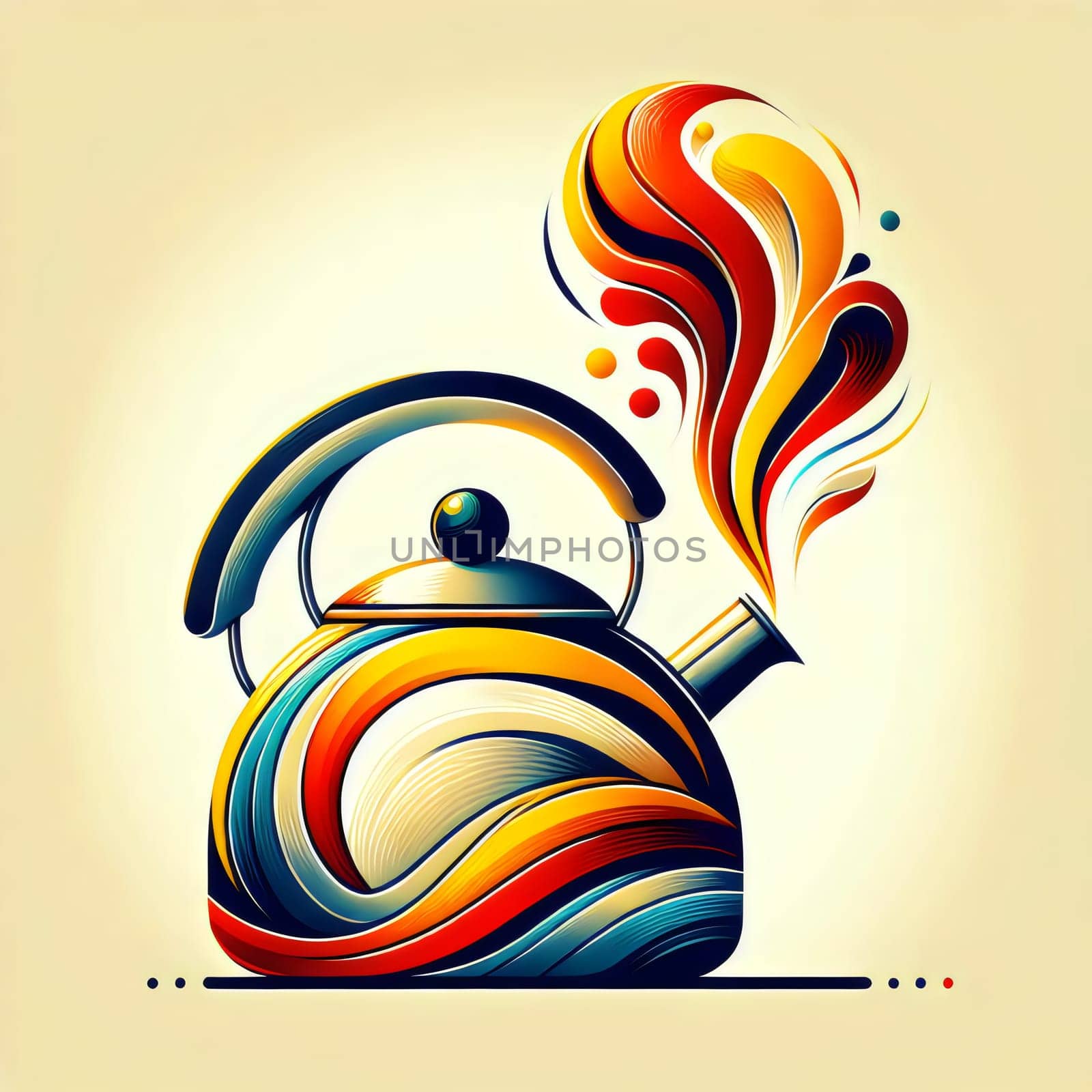 A colorful, stylized kettle with a swirling steam, representing the warmth and comfort of a hot beverage. A high-quality photo.