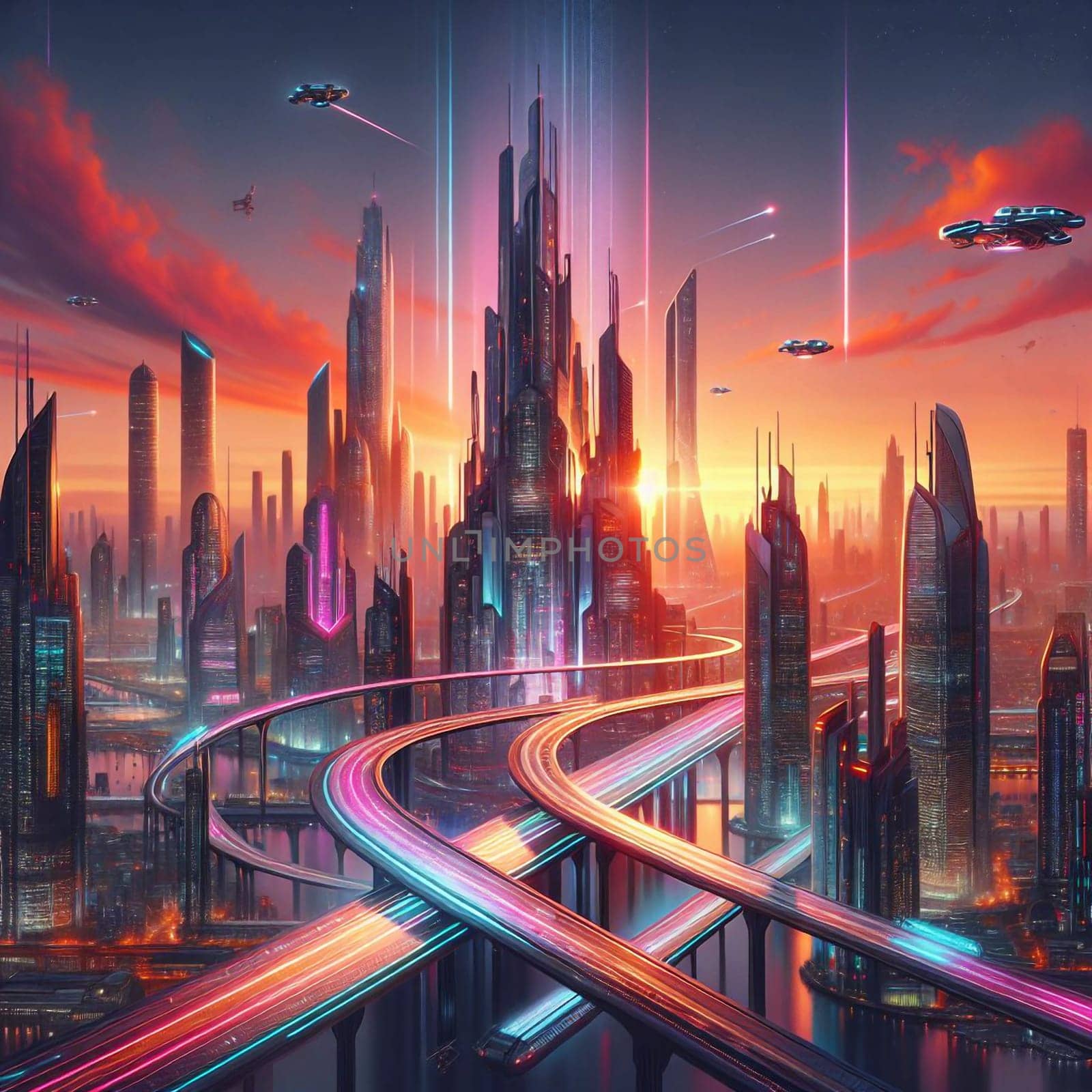A futuristic cityscape with glowing neon lights and flying vehicles, representing technological advancement and urban development. A high-quality photo.