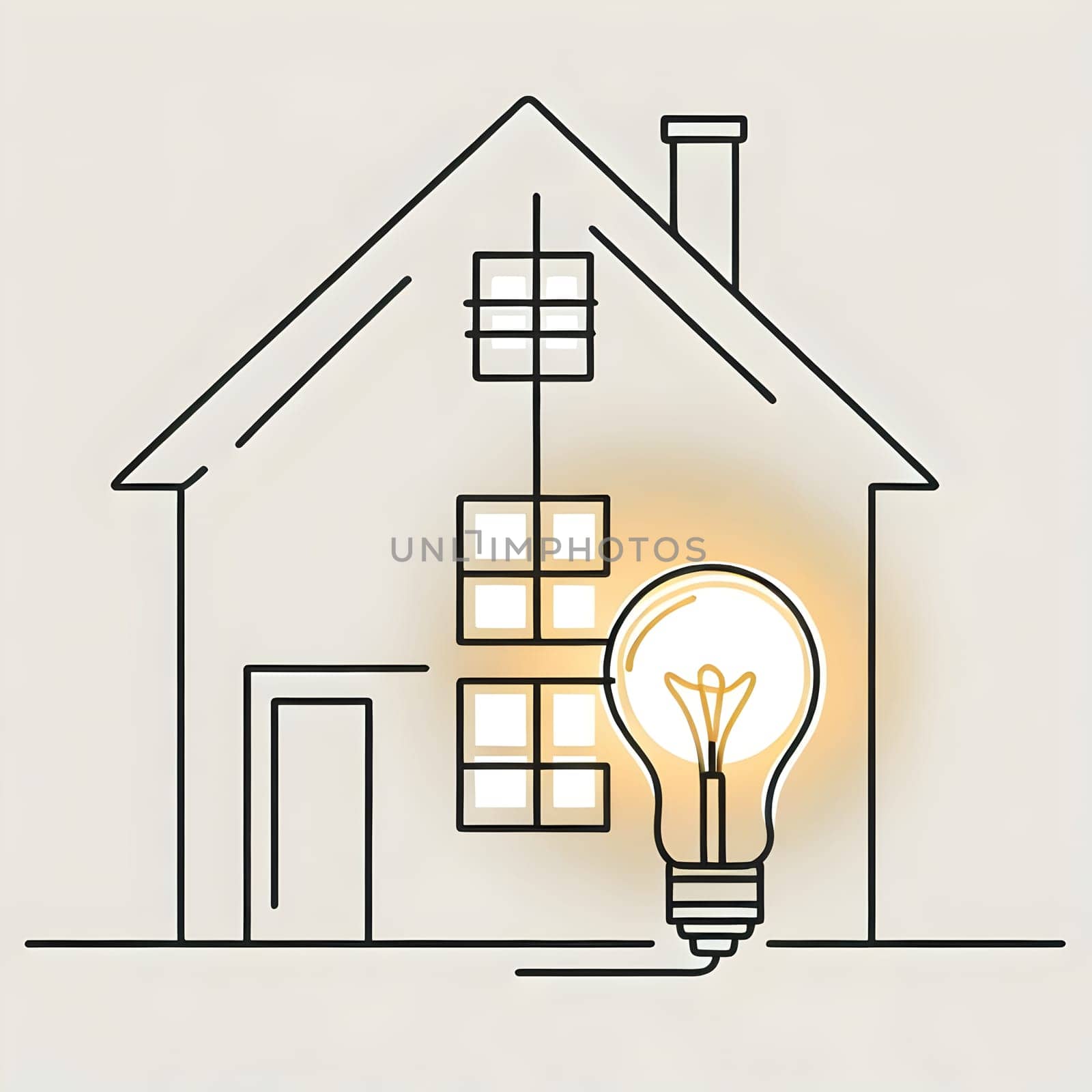 A simple line drawing of a house with a lightbulb, representing energy efficiency and sustainable living. A high-quality photo.