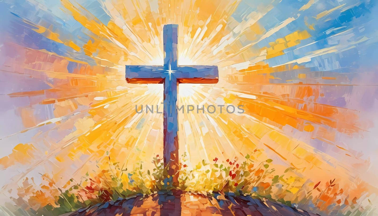 A stunning sunset illuminates a large wooden cross, radiating colorful rays of light. In the distance, a quaint chapel completes this serene rural landscape. A radiant sun shining through a cross. AI