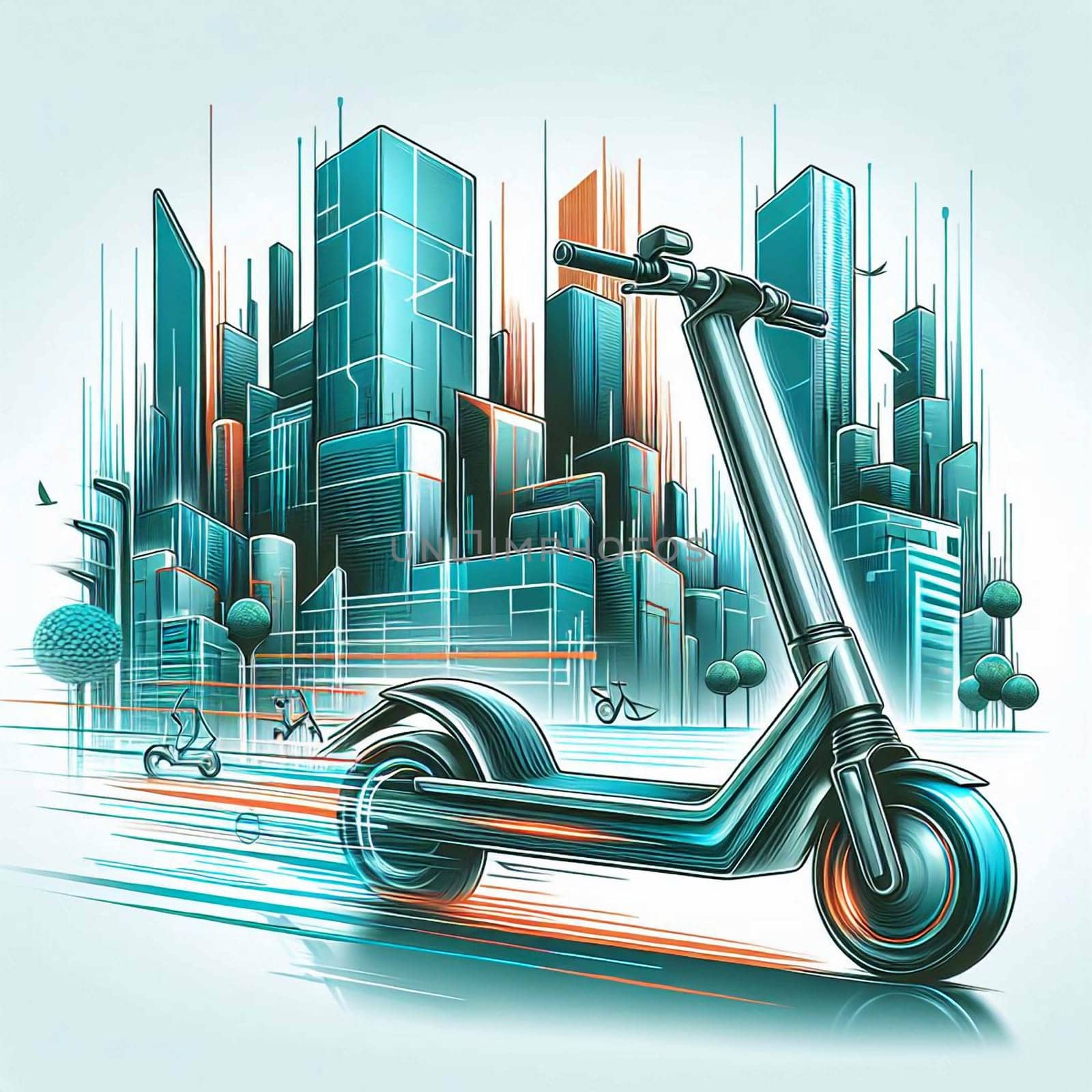 A black electric scooter speeding through a futuristic cityscape, representing modern transportation and urban mobility. A high-quality photo.
