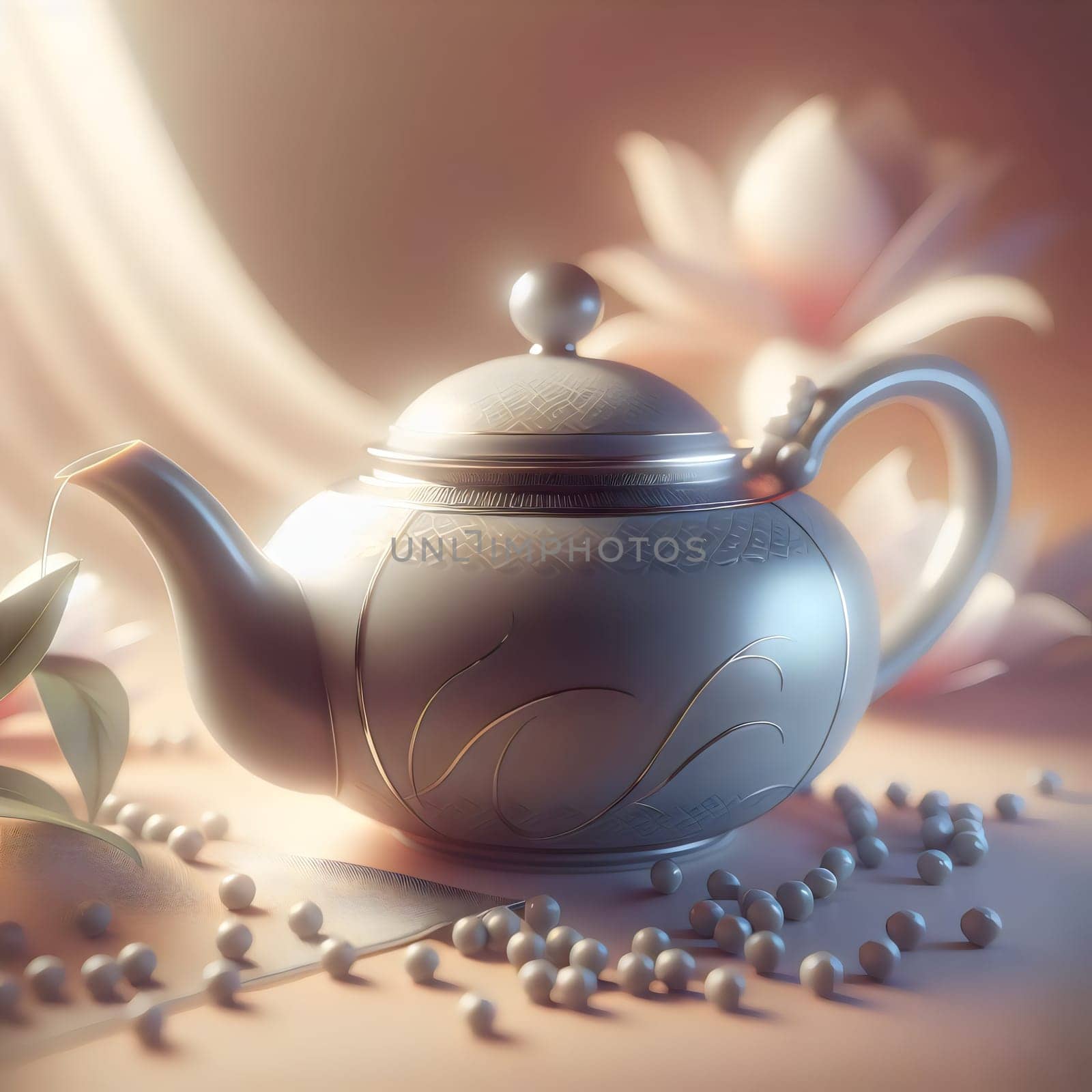 A beautiful, detailed teapot with a silver lid and ornate design, surrounded by tea leaves and pearls, creating a serene and elegant scene. A high-quality photo.