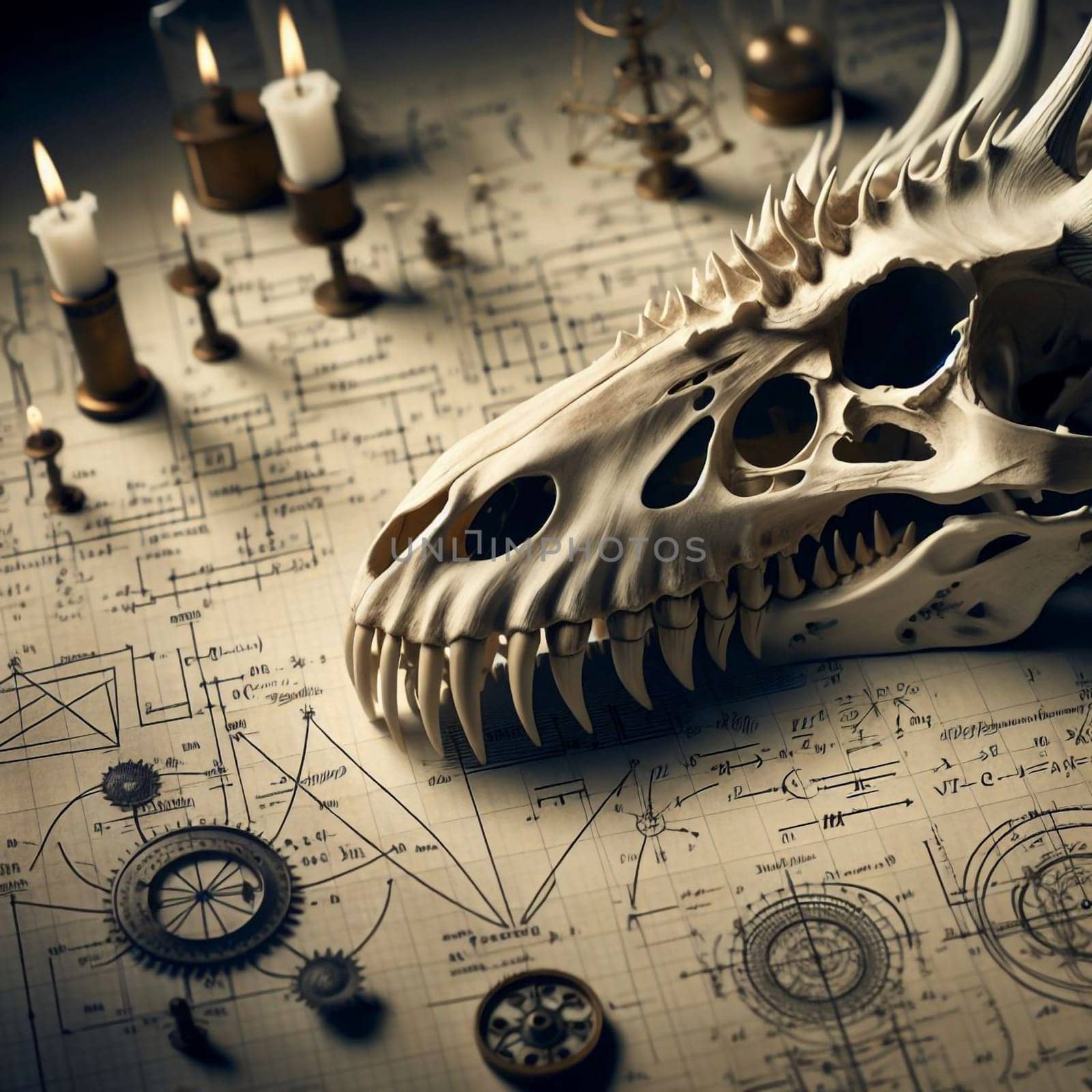 A close-up image of a dragon skull on a blueprint, with burning candles and other antique objects scattered around it, creating a magical and mysterious atmosphere. A high-quality photo.