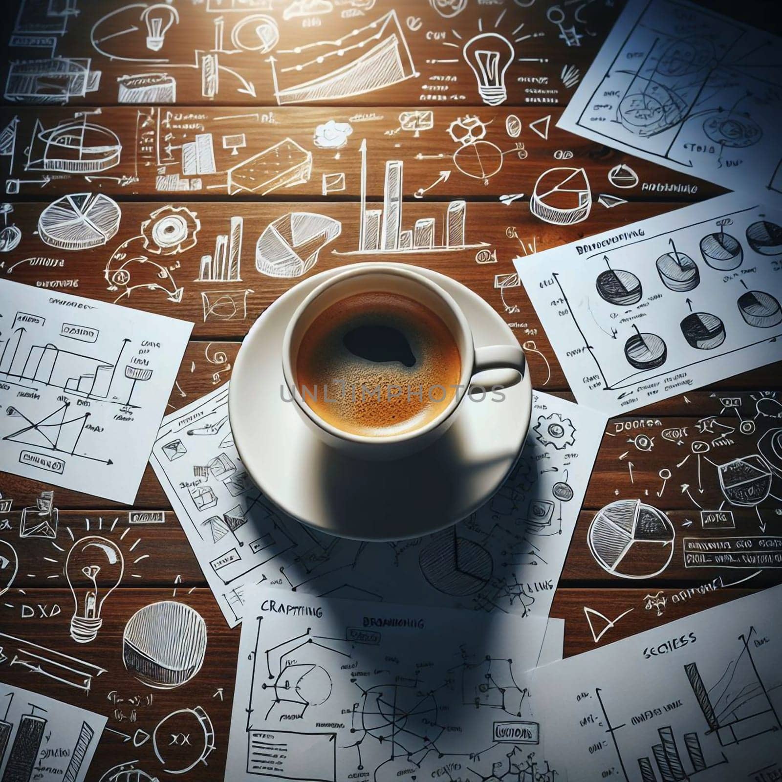 A cup of coffee with steam rising above it on a wooden table, surrounded by handwritten sketches and diagrams. A high-quality photo.
