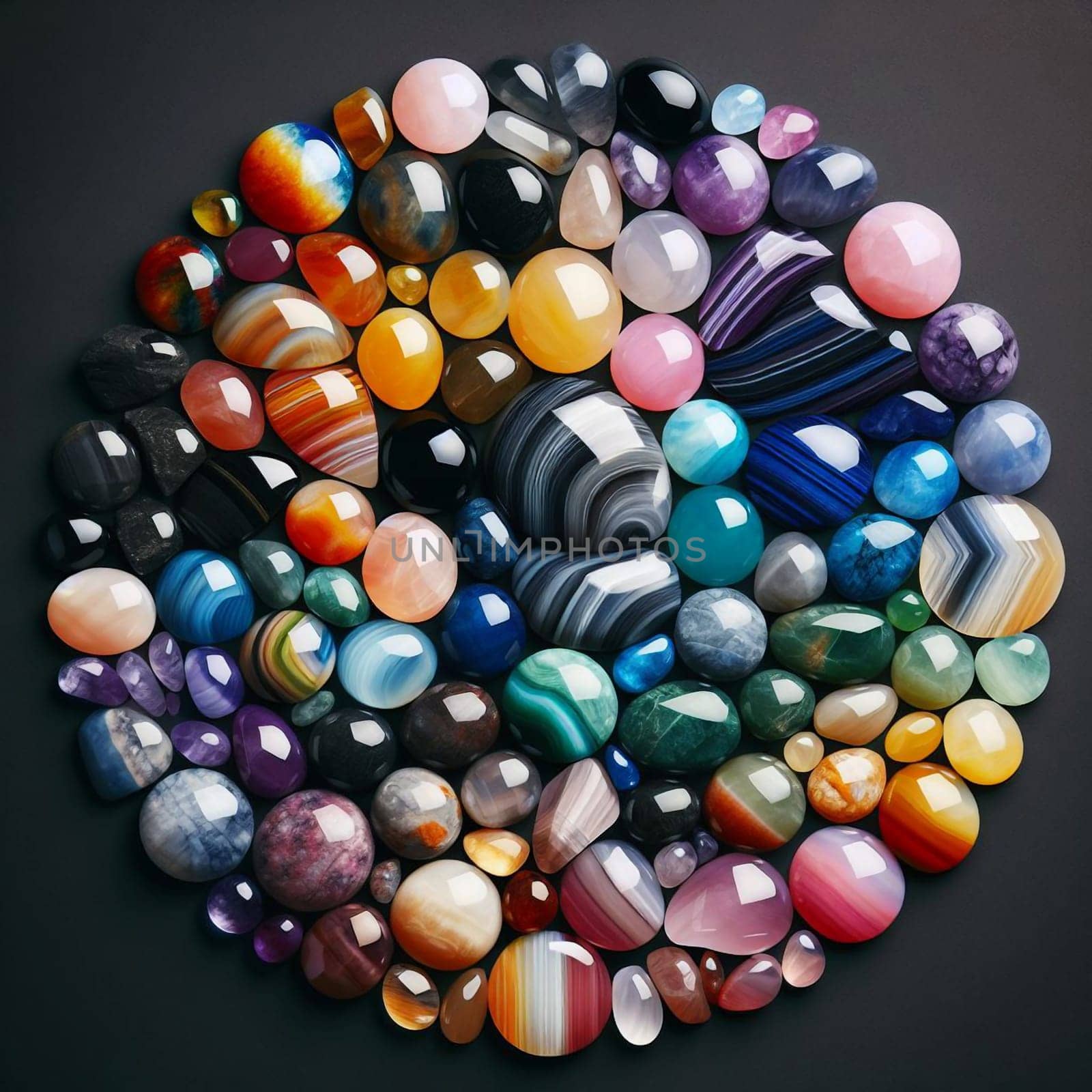 A circular arrangement of various colorful gemstones, arranged in a random pattern on a black background. A high-quality photo.