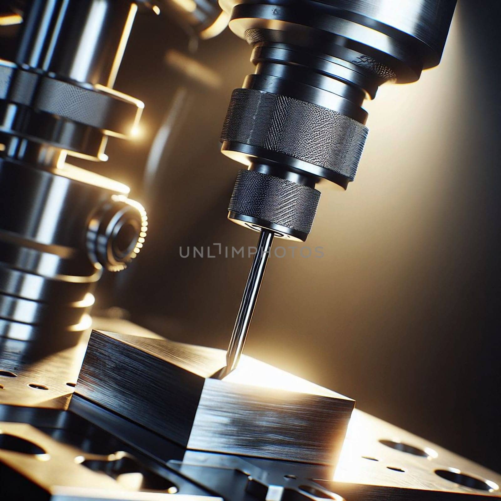 A close-up of a metal drill bit rotating rapidly against a metal block. The image is lit with a warm, golden light, highlighting the intricate of the machine and the process. A high-quality photo.